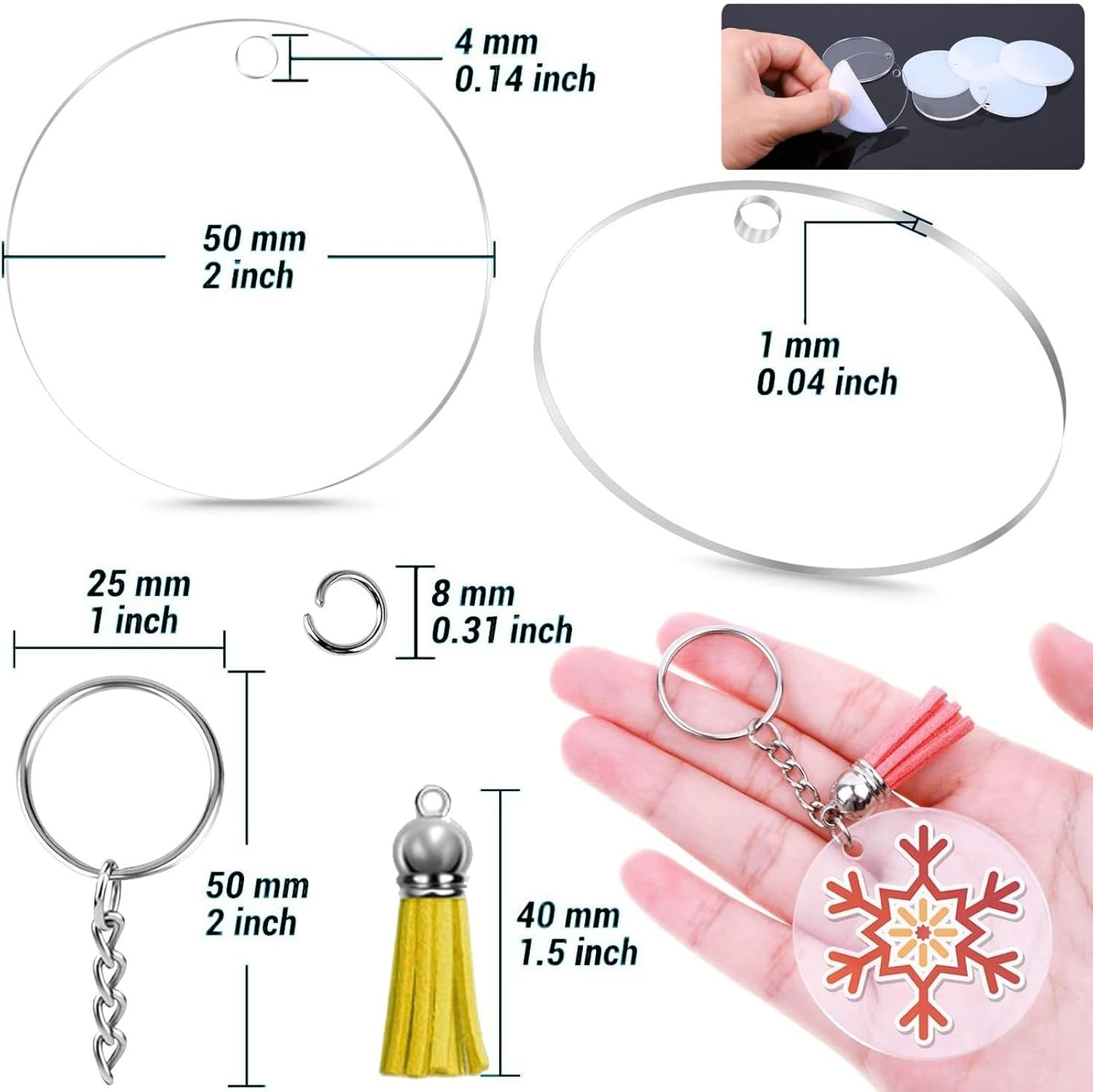 350 Pcs Acrylic Keychain Blanks,Diy Transparent Keychain Tassels Set, Include 60 round Acrylic Circle Disc,60 Key Rings with Chain,60 Colorful Tassel,170 Jump,Rings for DIY Keychain and Craft image number 6