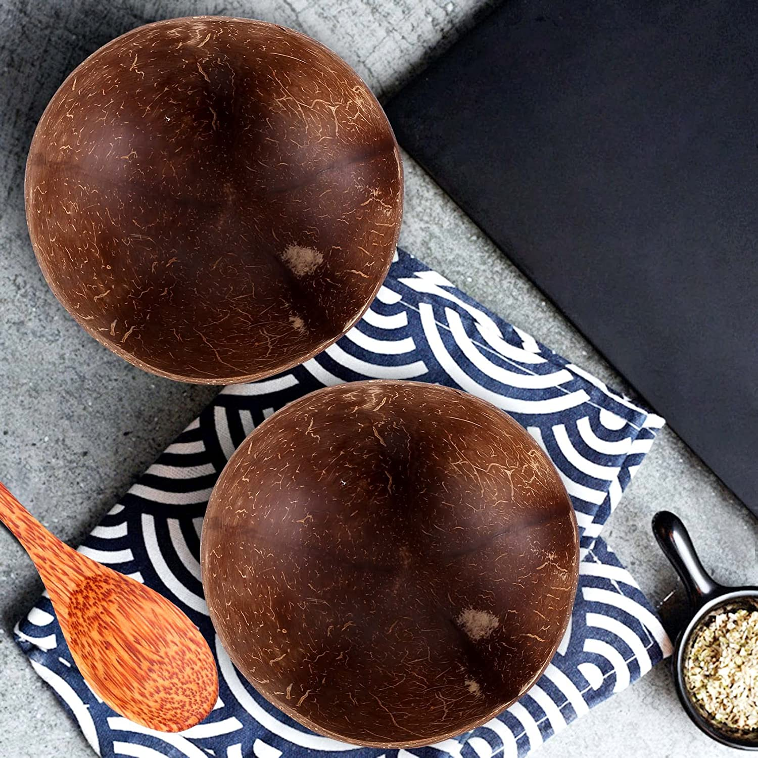 Coconut Bowl Set Handmade Coconut Shell Tableware Wood Spoon Dessert Fruit Salad Mixing Bowl Rice Ramen Bowl, 6 & 6 Spoons