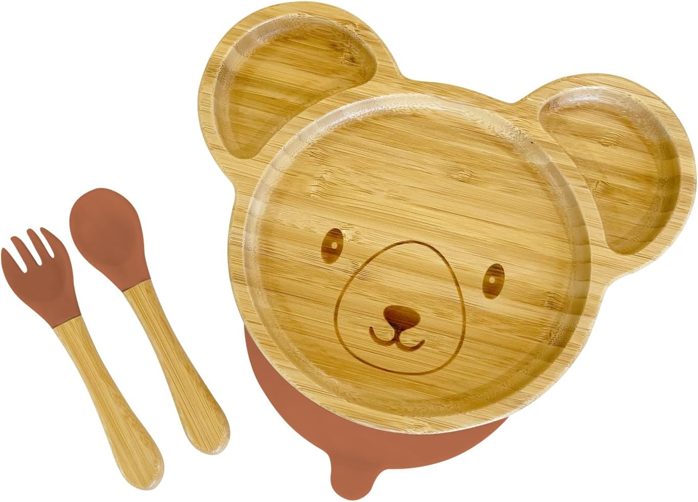 Bamboo Baby Silicone Suction Plate & Spoon Set for Toddler Kids Self Feeding - Wood Handled Spoon with Silicone Tips - Non-Slip Stay Put Divided Weaning Set for High Chair (Earthy Orange) image number 2