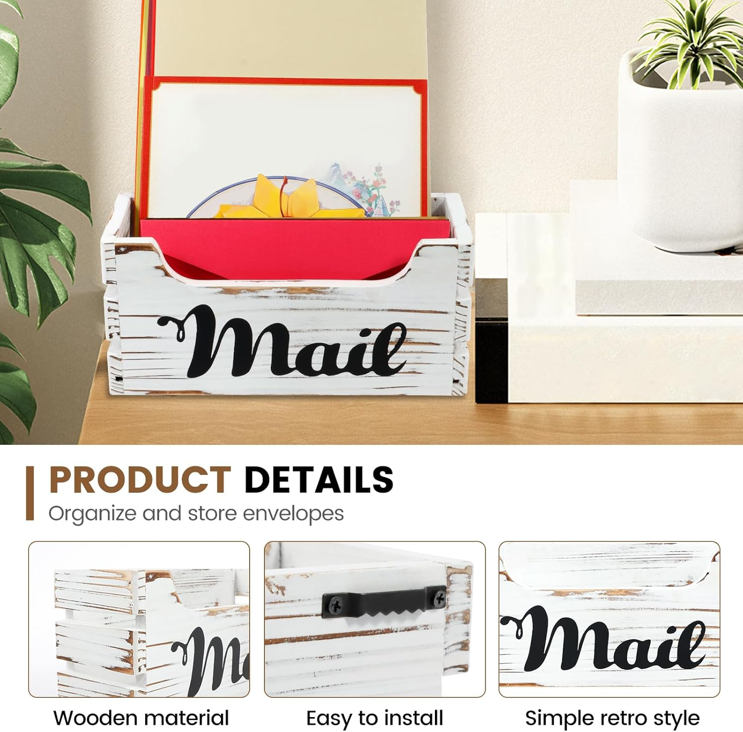 UKQRRTC Wood Mail Organizer, Vintage Mail Holder, Countertop Mail Basket, Wall Mount Mail Organizer Box for Office Home (White) image number 5