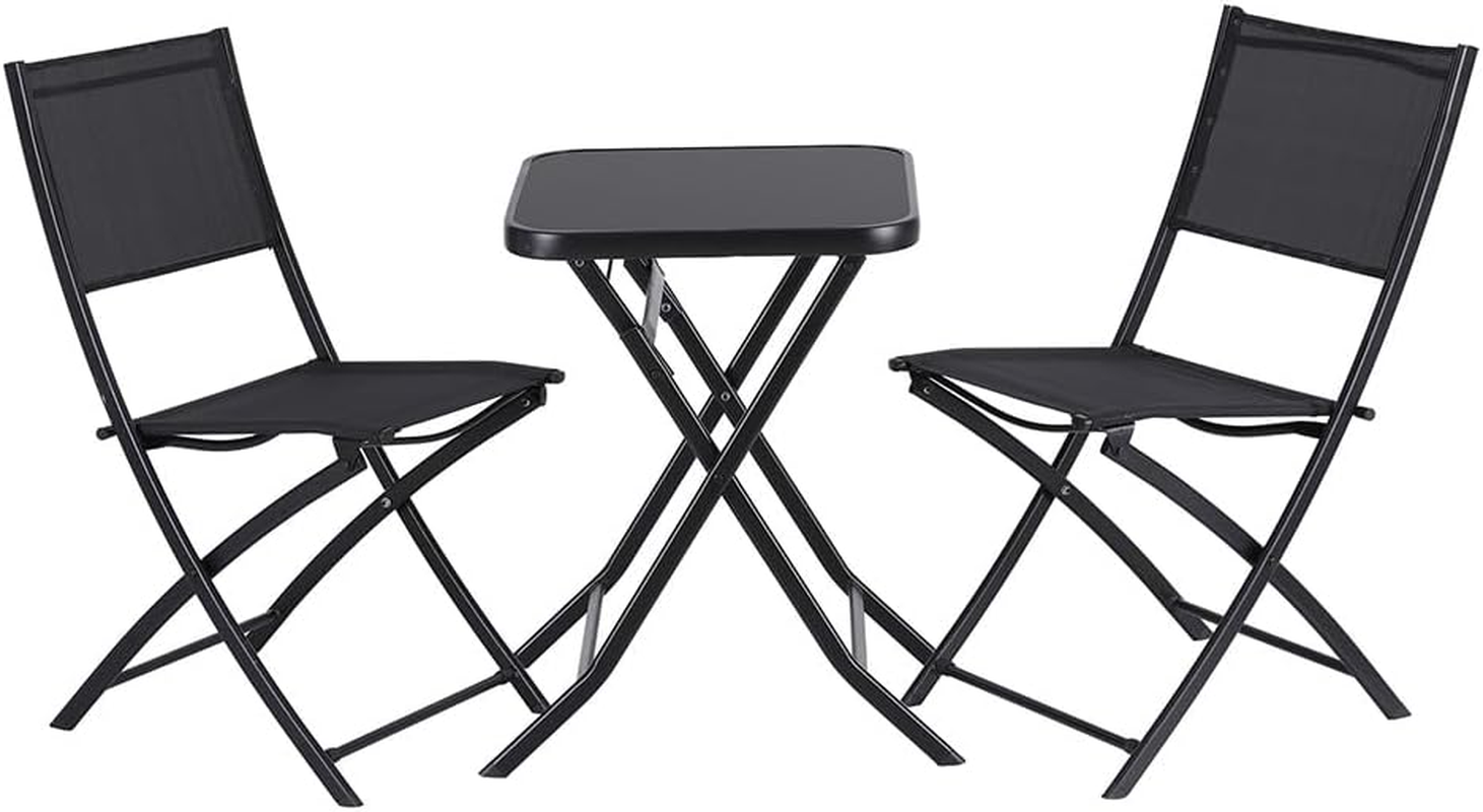 Gardeon Outdoor Bistro Set, Folding Table and Chairs W/Glass Tabletop, Patio Furniture for Garden Porch Backyard Lawn Poolside Deck, Steel Frame, Polyester Fabric Black