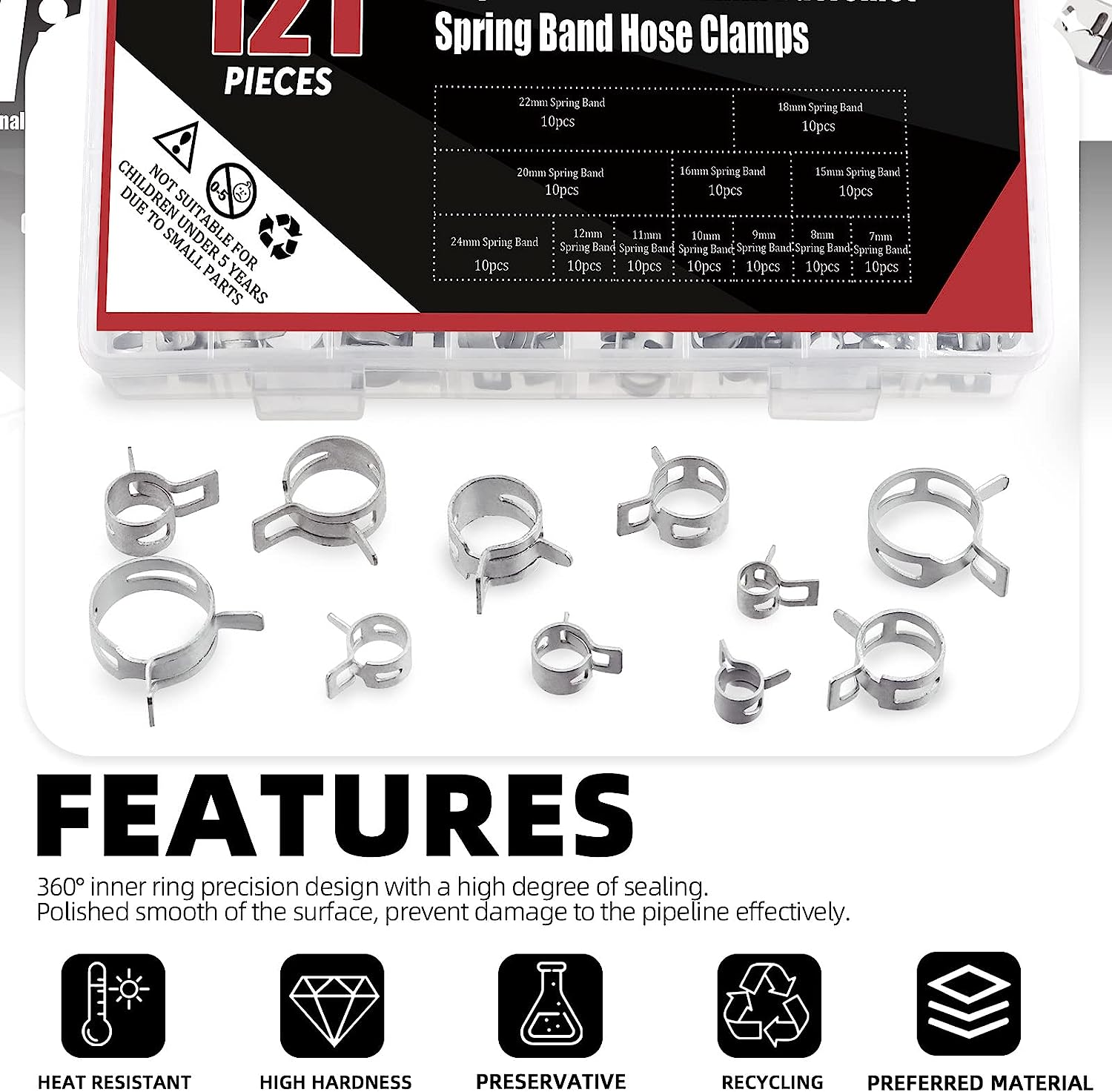Hilitchi 121Pcs 12 Sizes Spring Band Hose Clamp Kit, 7MM-22MM Low Pressure Air Clip Clamp with Hose Clip Pliers, Fuel Line Hose Clips Silicone Vacuum Hose Clamp Fastener - A Kit image number 7