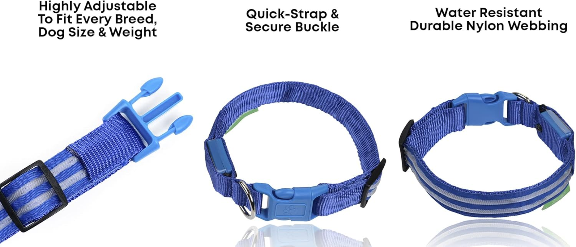 LED Dog Collar, USB Rechargeable, Your Dog Will Be More Visible & Safe, 6 Colours (Red, Blue, Green, Pink, Orange & Yellow) and 6 Sizes - Perfect to Use with Our Matching Illumiseen Leash (Royal Blue, X-Small (23 &ndash; 35Cm)) image number 3