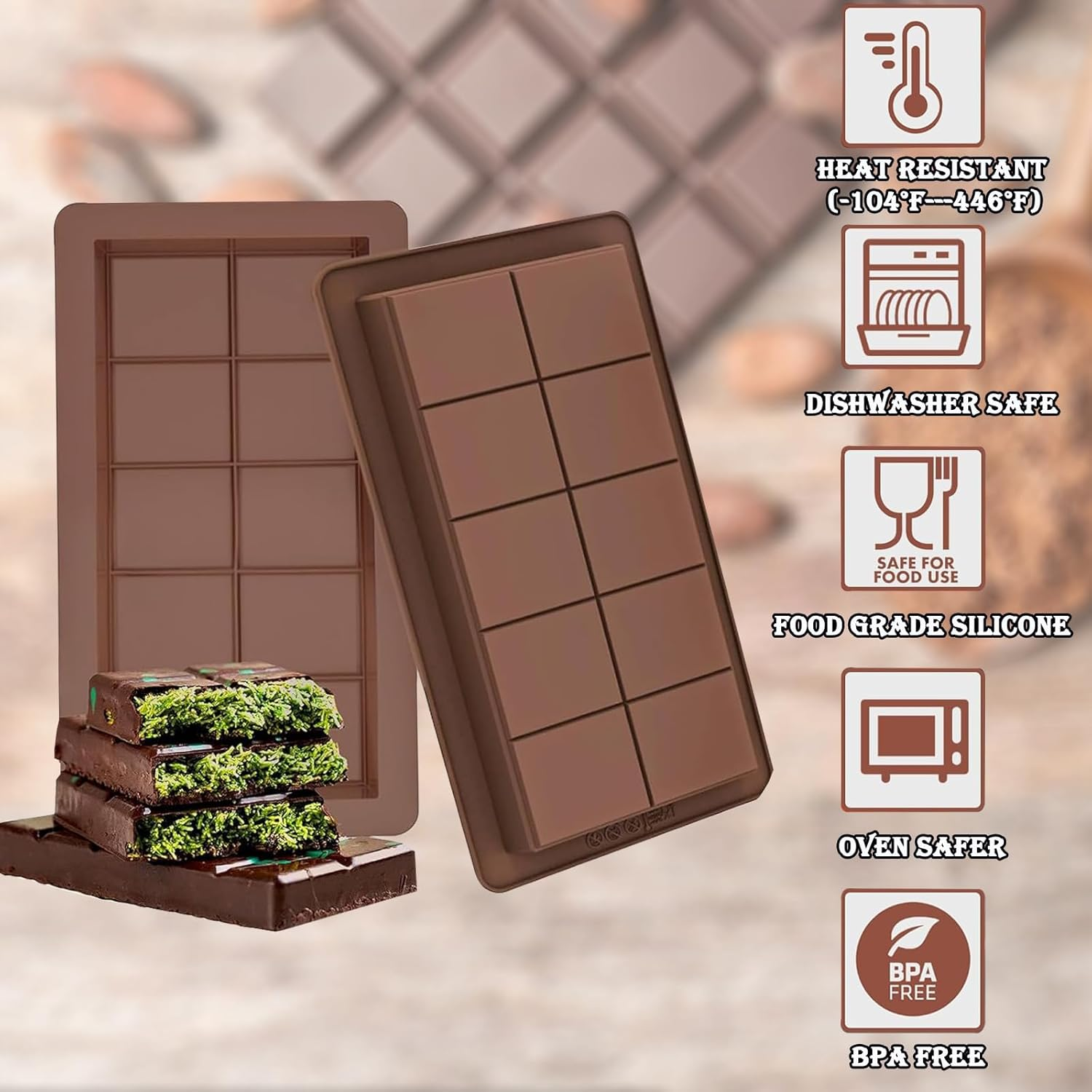 Chocolate Bar Mold,Bonlaer 2 Pcs Stuffed Chocolate Bar Molds Silicone Shapes,Diy Deep Chocolate Candy Kitchen Baking Moulds,10 Grids image number 5