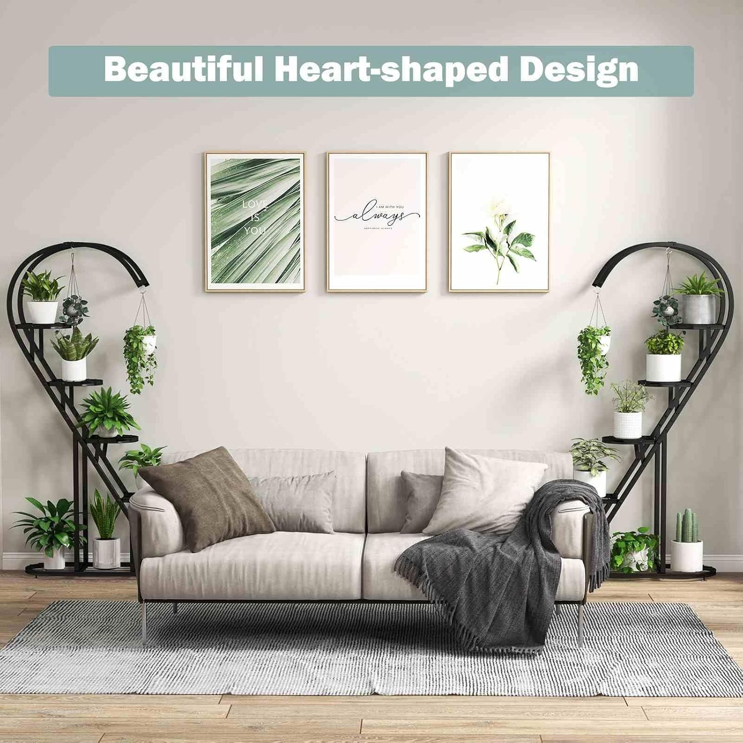 Costway 5 Tier Metal Plant Stand, Heart-Shaped Ladder Plant Shelf W/Hanging Hook for Multiple Plants, Indoor Tiered Flower Display Shelf for Living Room Bedroom Balcony (2 Pack) (Black) - Black image number 3