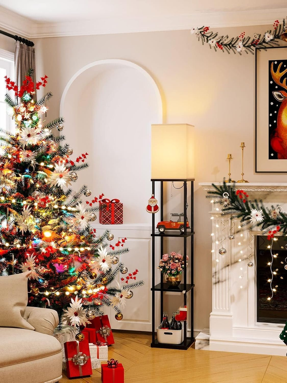 WAMBORY Floor Lamp with Shelves,Modern Square Standing Lamp with 3 Color Temperature Bulb, Corner Display Bookshelf Lamp with White Linen Shade,Shelf Floor Lamp for Living Room and Bedroom (Modern) image number 5