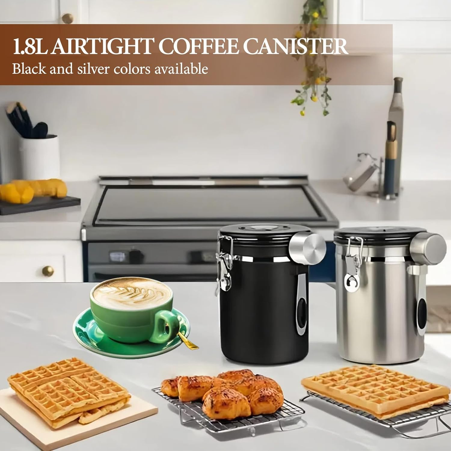 Airtight Coffee Beans Canister, 1.8L Stainless Steel Container, Airtight Stainless Steel Food Storage Container with Date Tracker and Scoop for Grounds Coffee,Beans,Tea,Flour, Cereal,Sugar (Silvery) image number 4