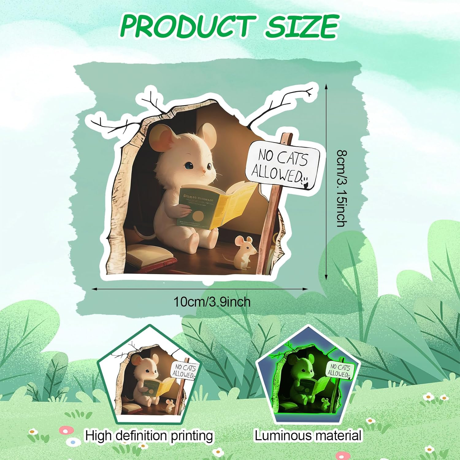 Shudyear 12PCS Cute Luminous Wall Decals Adorable Mouse Reading Book Kids Room Wall Decor Sticker Decal, Home, Bedroom, Classroom, Bookcase, Book Lover, Children,3D(Glow Set 1) image number 5