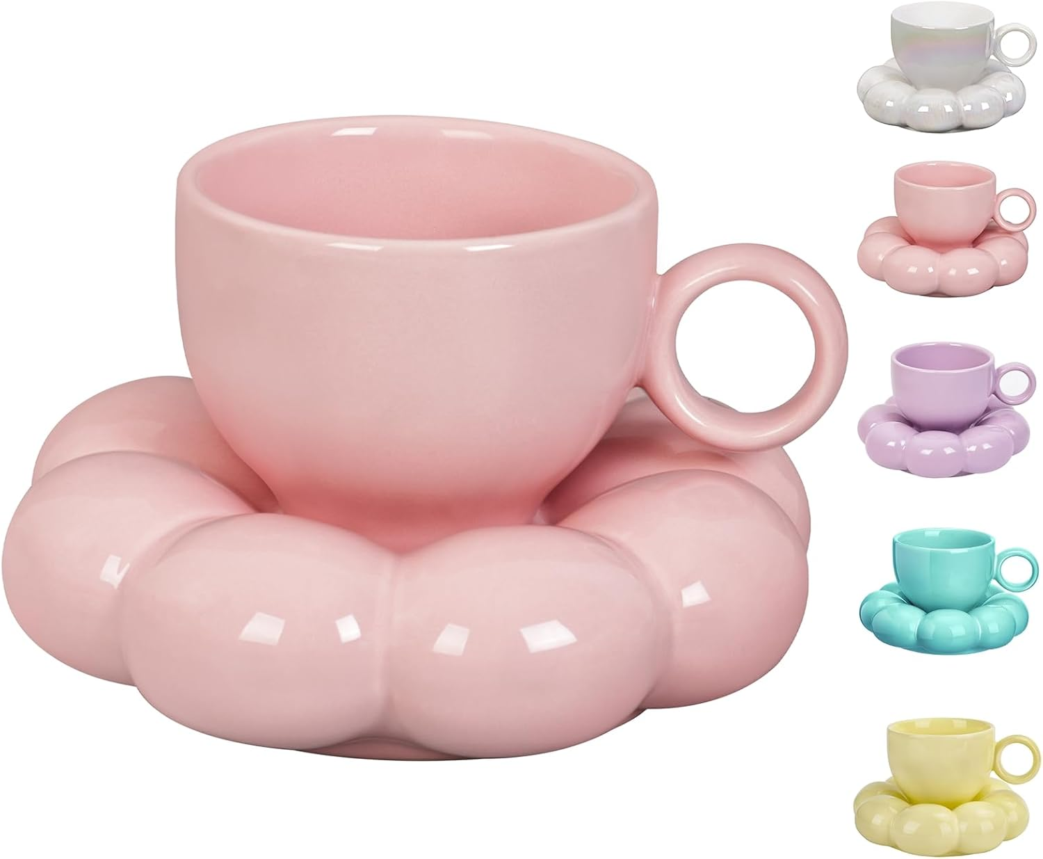 ARISKEY Cute Coffee Mug for Women,Tea Cup and Saucer Set with Spoon,6.5Oz/200Ml for Latte and Milk, a Warm Choice for Mother'S Love,Pearl White