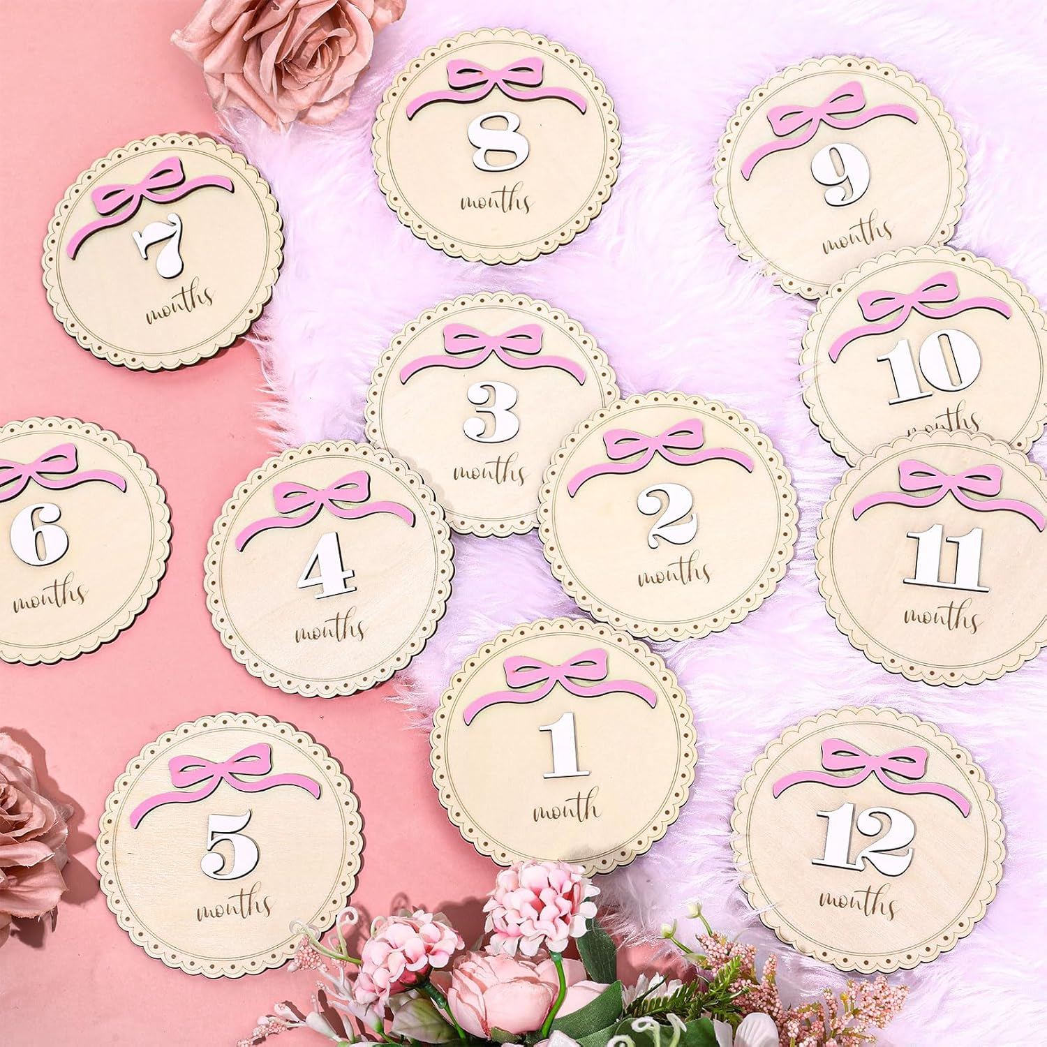 12 Pcs Pink Bow Baby Monthly Milestone Cards Bowknot Wooden Marker Discs Month Announcement Sign for Pregnancy Newborn Baby Growth Photo Prop Decor Supplies image number 3