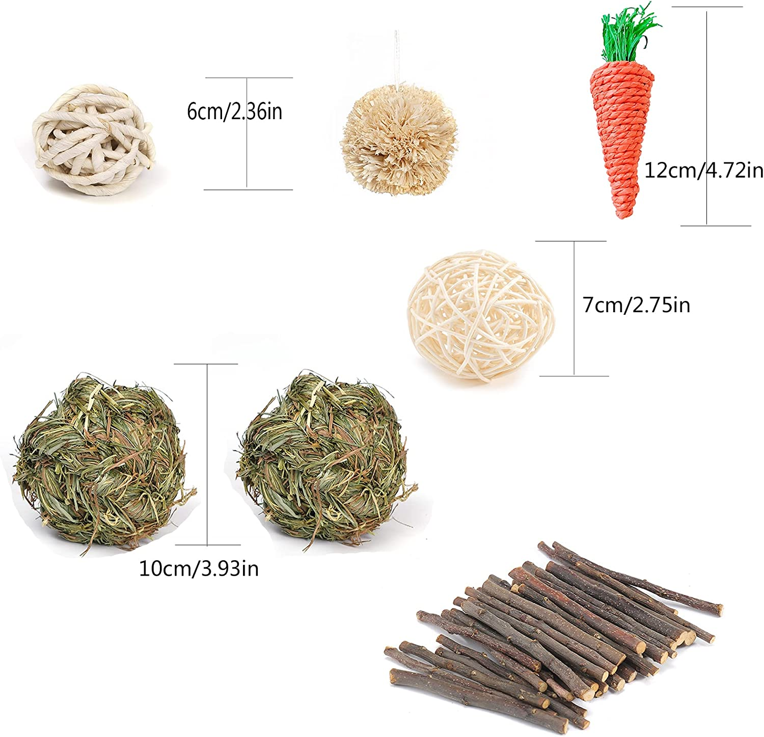 7 Pcs Natural Small Animal Chew Toy Set, Guinea Pigs, Natural Grass, Rattan, Carrot, Corn Sticks for Hamsters, Gerbils, Squirrels image number 1