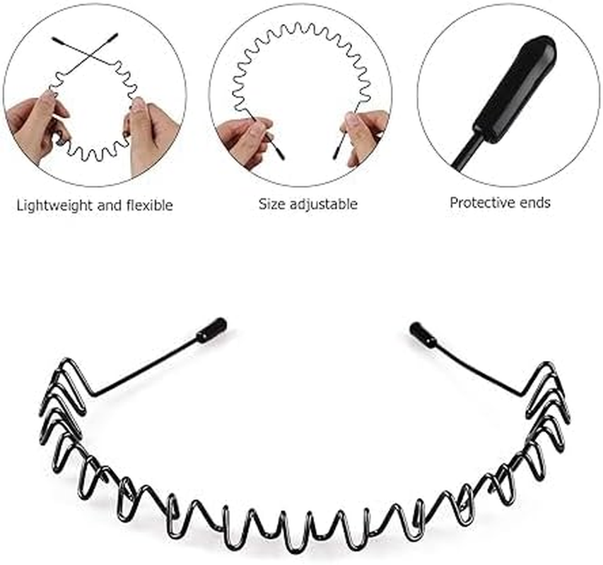 6PCS Metal Hair Headbands Wavy Hairband Spring Hair Hoop Sports Fashion Hair Bands Unisex Black Elastic Non Slip Simple Headwear Accessories image number 3