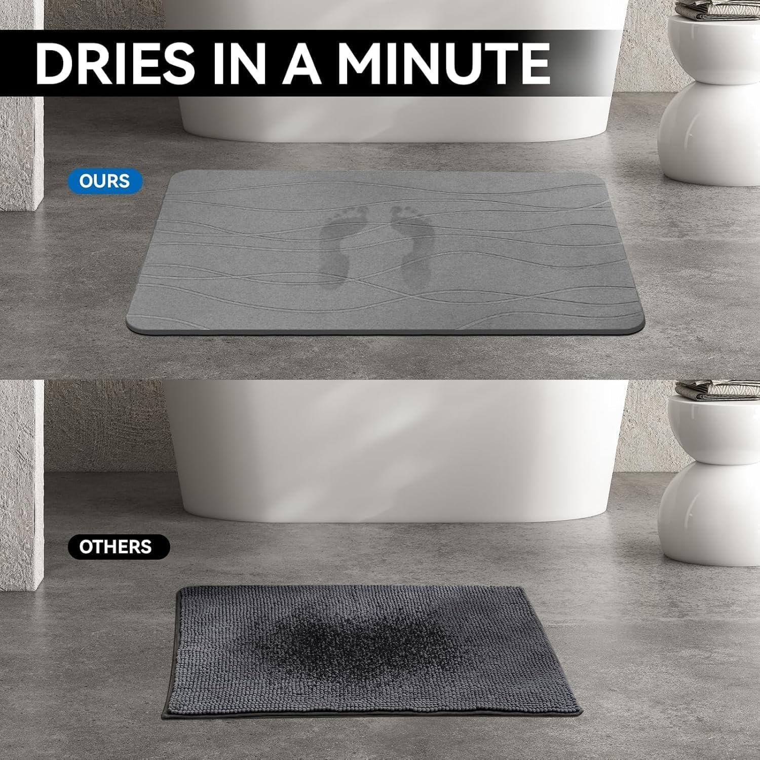 Diatomaceous Earth Bath Mat - Super Absorbent Fast Drying Bathroom Mat, Non-Slip Stone Shower Mat for Bath Tub, Soft Touch & Odor Resistant, Quick Dry Bath Mat (60 * 39Cm/ Dark Gray) image number 3