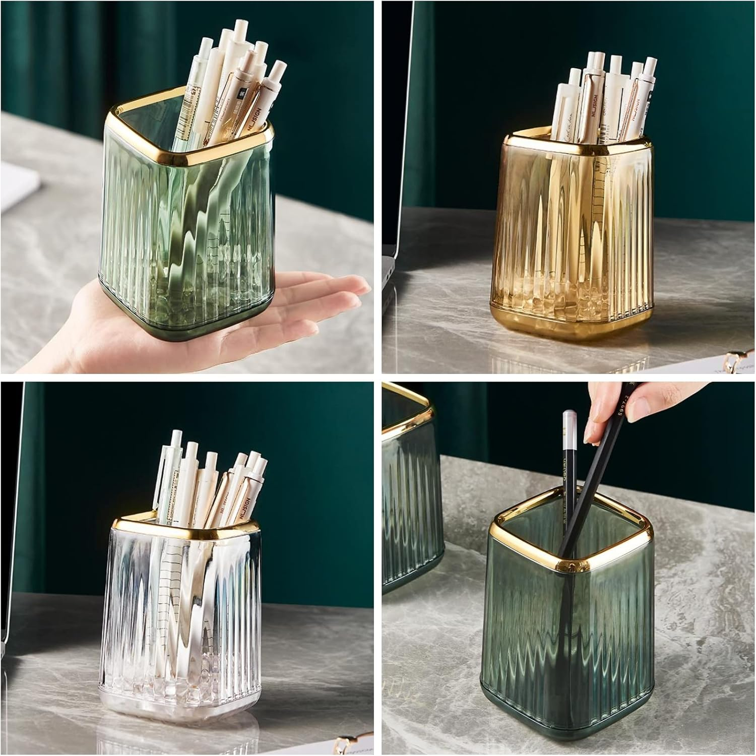 DASITON Makeup Brush Holder Organizer,Plastic Square Cosmetic Brush Storage Holder,Vintage Stripe Makeup Brush Cup Pen Pencil Holder(Amber)