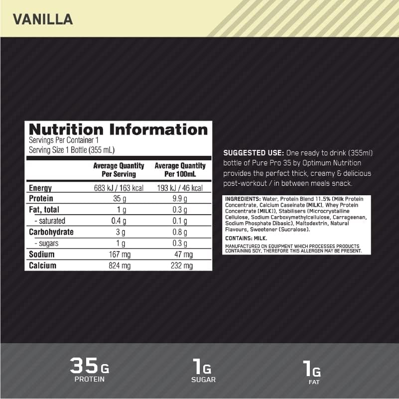 OPTIMUM NUTRITION Pure Pro 35 Protein Drink, Vanilla Flavour, 355Ml, 12 Pack image number 2