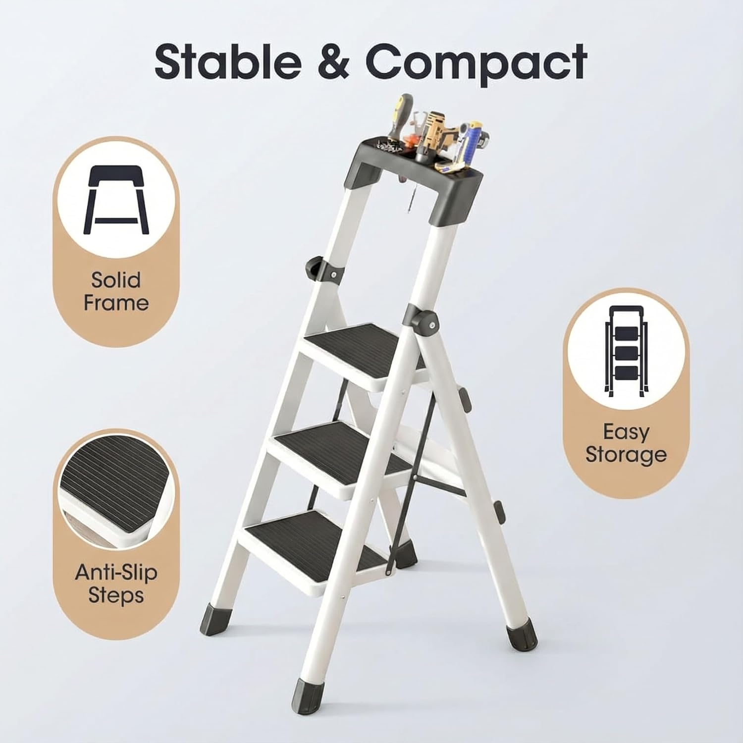 LEDON Thickened Multi-Functional Folding Herringbone Step Ladder - Portable, Retractable, Safety 3 Steps Ladder for Indoor & Outdoor Household Climbing with Tools Holder image number 5