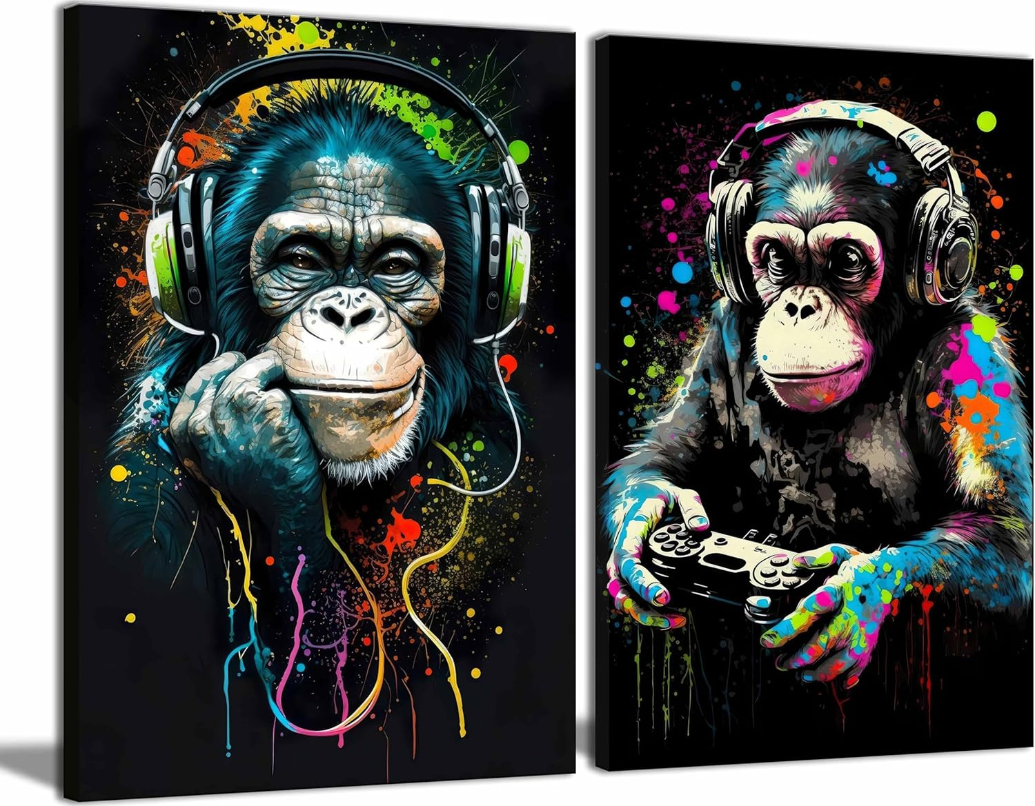 Graffiti Gaming Canvas Wall Art Game Room Decor Boys Gamer Controller Poster Animals Vintage Watercolor Cool Music Chimpanzee Pictures Painting Boys Teeny Room Kids Game for Room Bedroom Decoration
