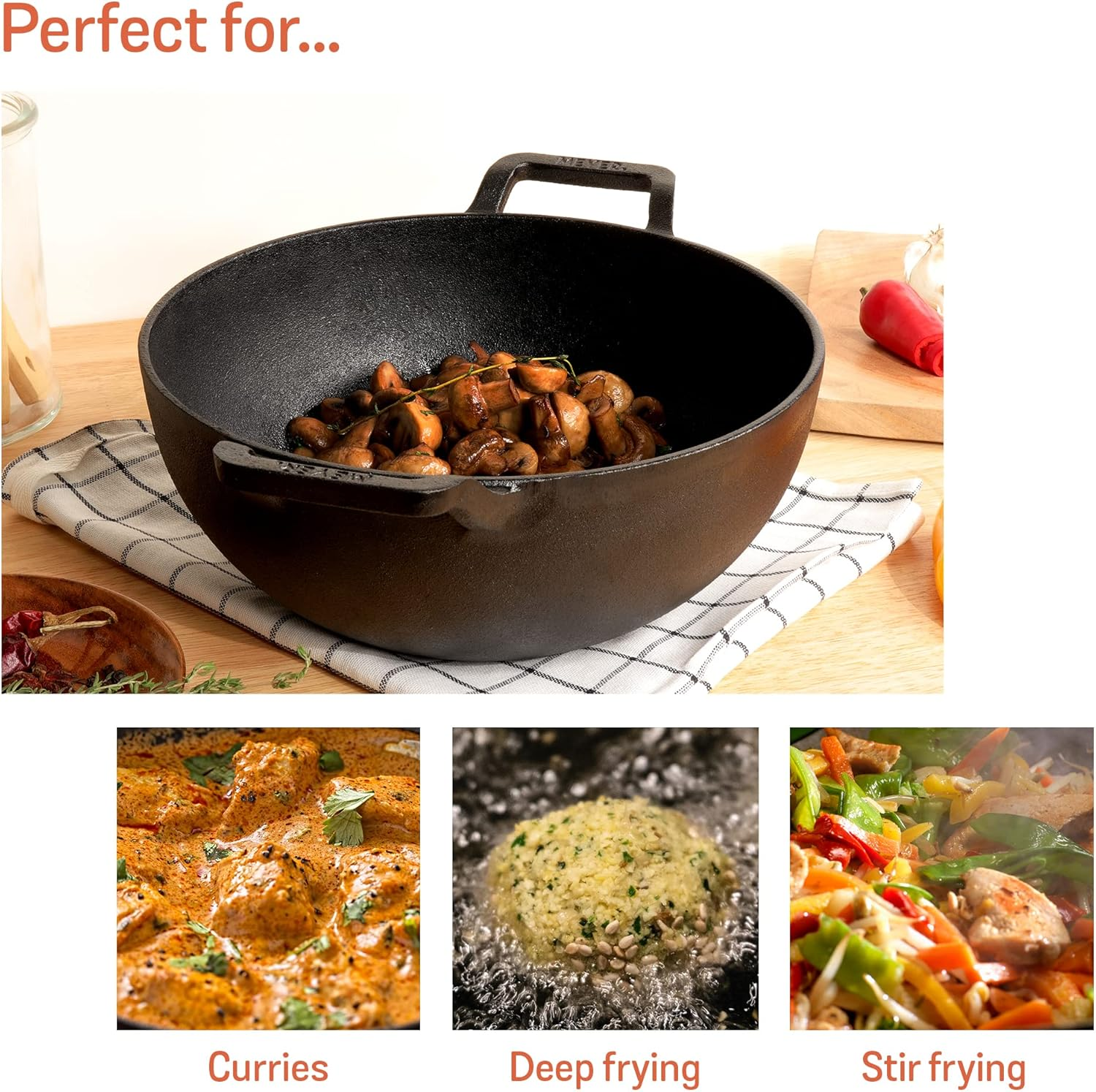 Meyer Pre-Seasoned Cast Iron Wok 24Cm with Tempered Glass Lid, Kadai, Induction Compatible Cast Iron Pan, Oven Safe, Black image number 2