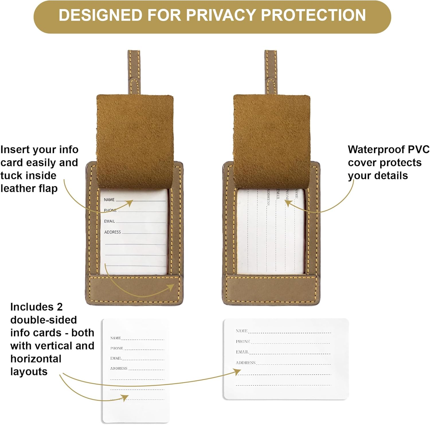 Sovereign-Gear - Two Brown Leather Luggage Tags - Music Embossed - Genuine Leather Luggage Tag for Suitcases, Stylish & Durable Travel Accessory image number 5