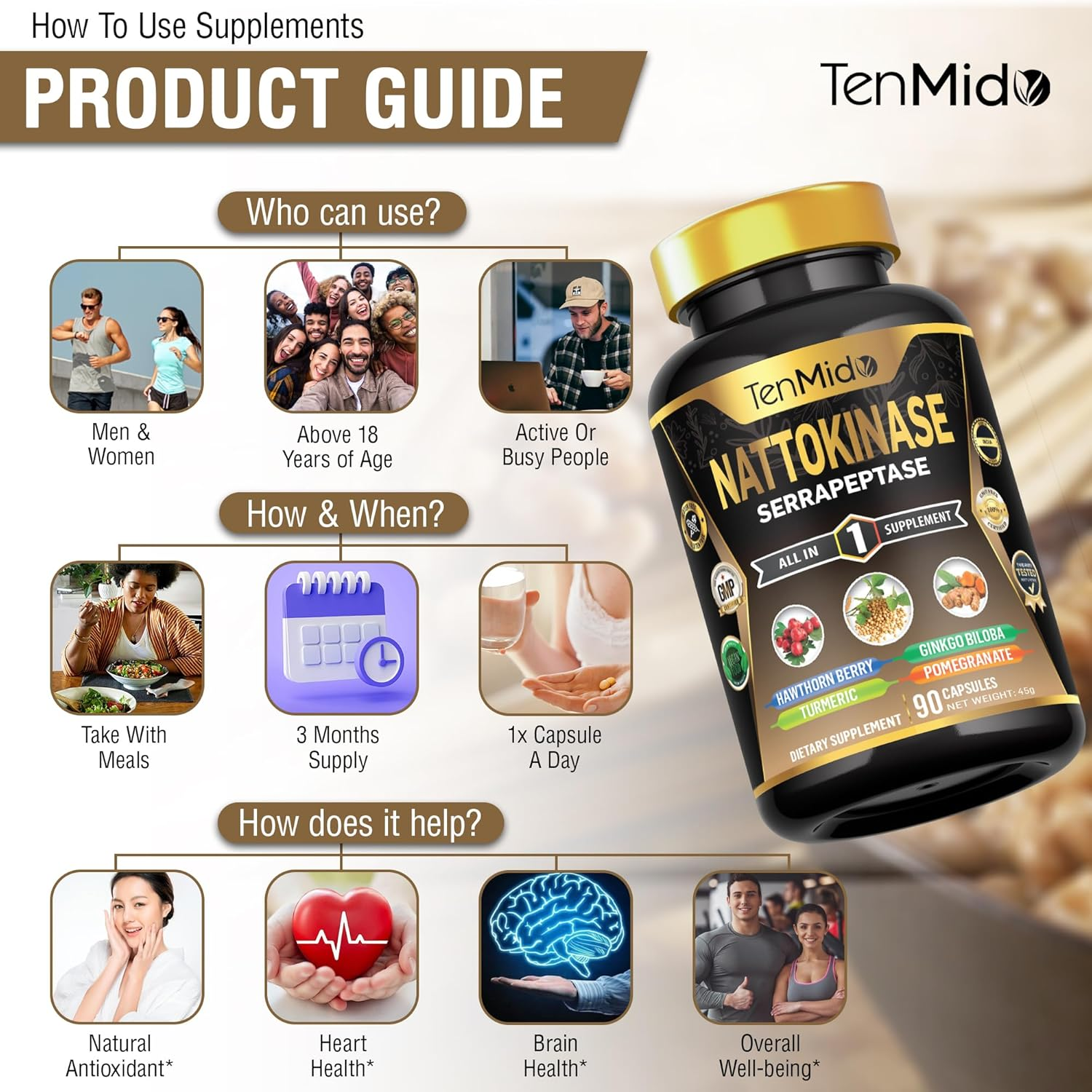 Tenmido Nattokinase Supplements - 7In1 with Hawthorn Berry, Turmeric, Ginkgo Biloba, Pomegranate, Serrapeptase & Black Pepper - 90 Vegan & Non-Gmo Capsules image number 6