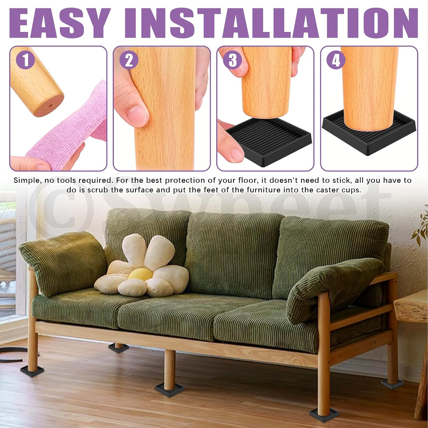 Swpeet 4Pcs 3" X 3" Square Black Rubber anti Skid Caster Cups Non Slip Furniture Pads Kit, Anti-Slip Gripper, anti Skid Furniture Feet anti Slide Floor Stoppers for Bed Couch Table Chair Stoppers image number 1