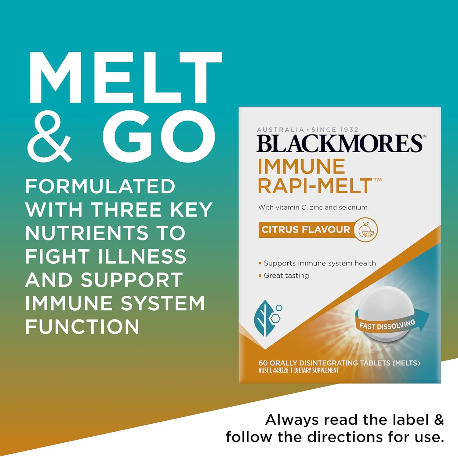 Blackmores Immune Rapi-Melt | Supports Immune System Health | Contains Vitamin C, Zinc and Selenium | Citrus Flavour | 60 Melts