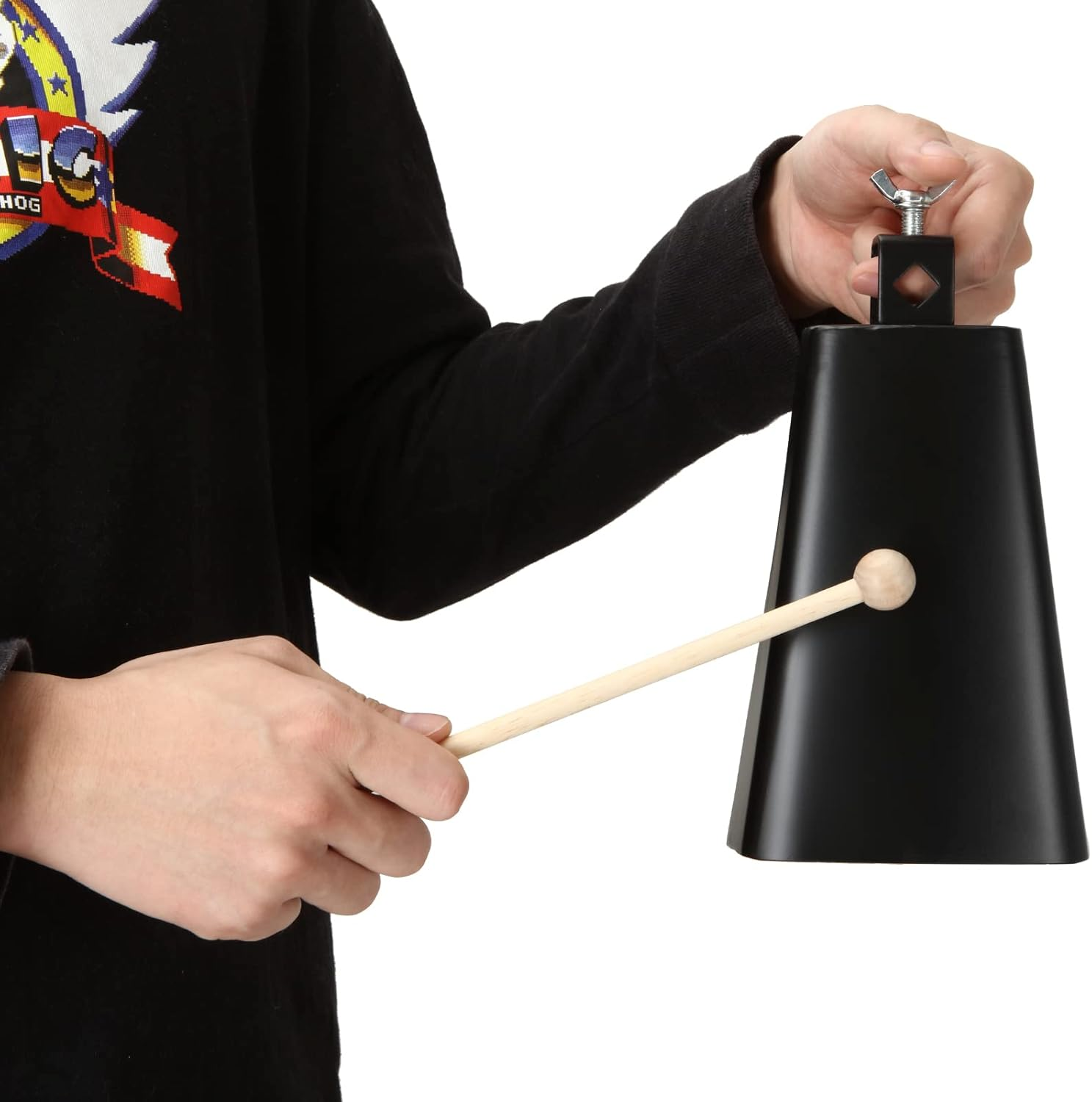 Acrux7 7 Inch Large Cow Bell Noise Makers, Metal Cowbell with Handle and Stick, Hand Percussion Music Cowbell for Sporting Events, Drum Set, Church, Weddings, Beautiful Clear Tapping Sound (Black) image number 5