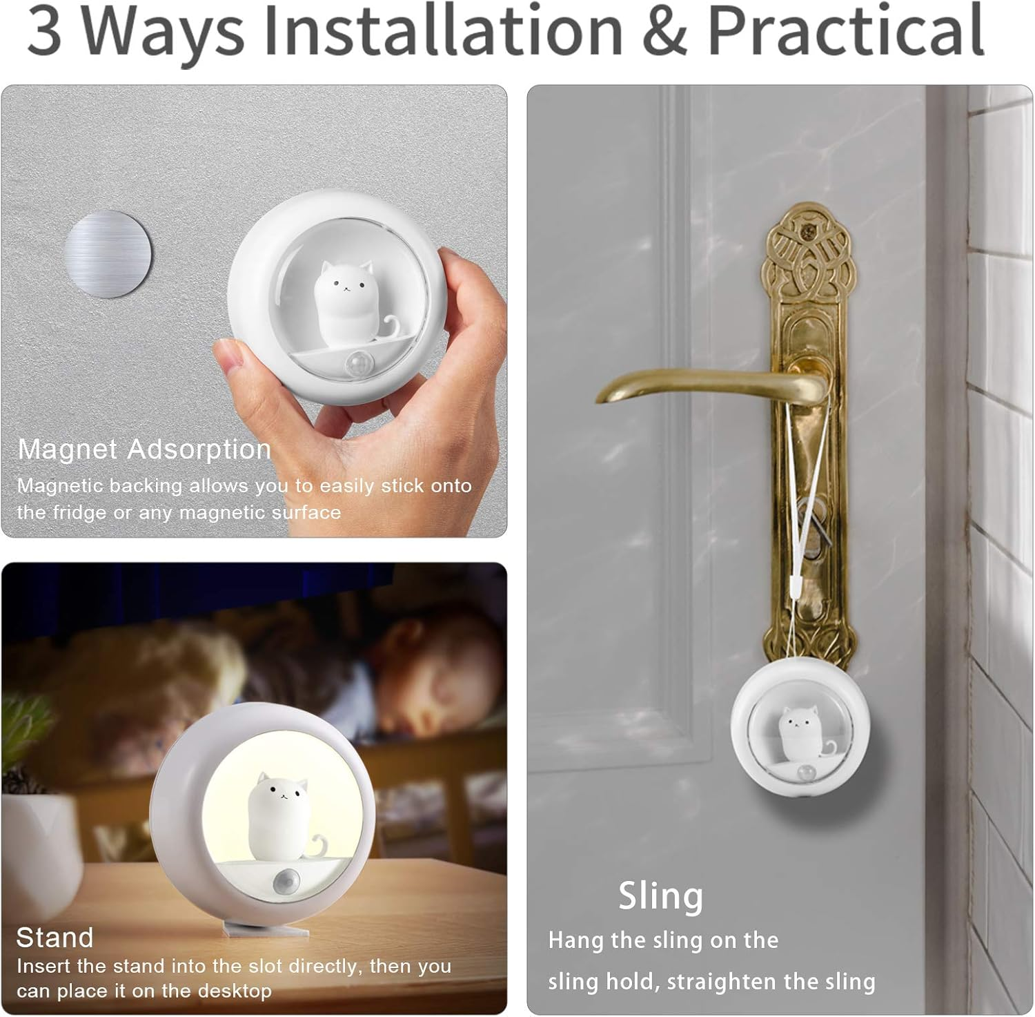 Motion Sensor Night Light,Warm White USB Rechargeable Bedside Light,Magnetic Cat Lamp for Closet Bedroom Bathroom Stairs Kitchen Hallway,Adjustable 2 Brightness Levels.1- Pack (White)&hellip; - White 01 image number 2