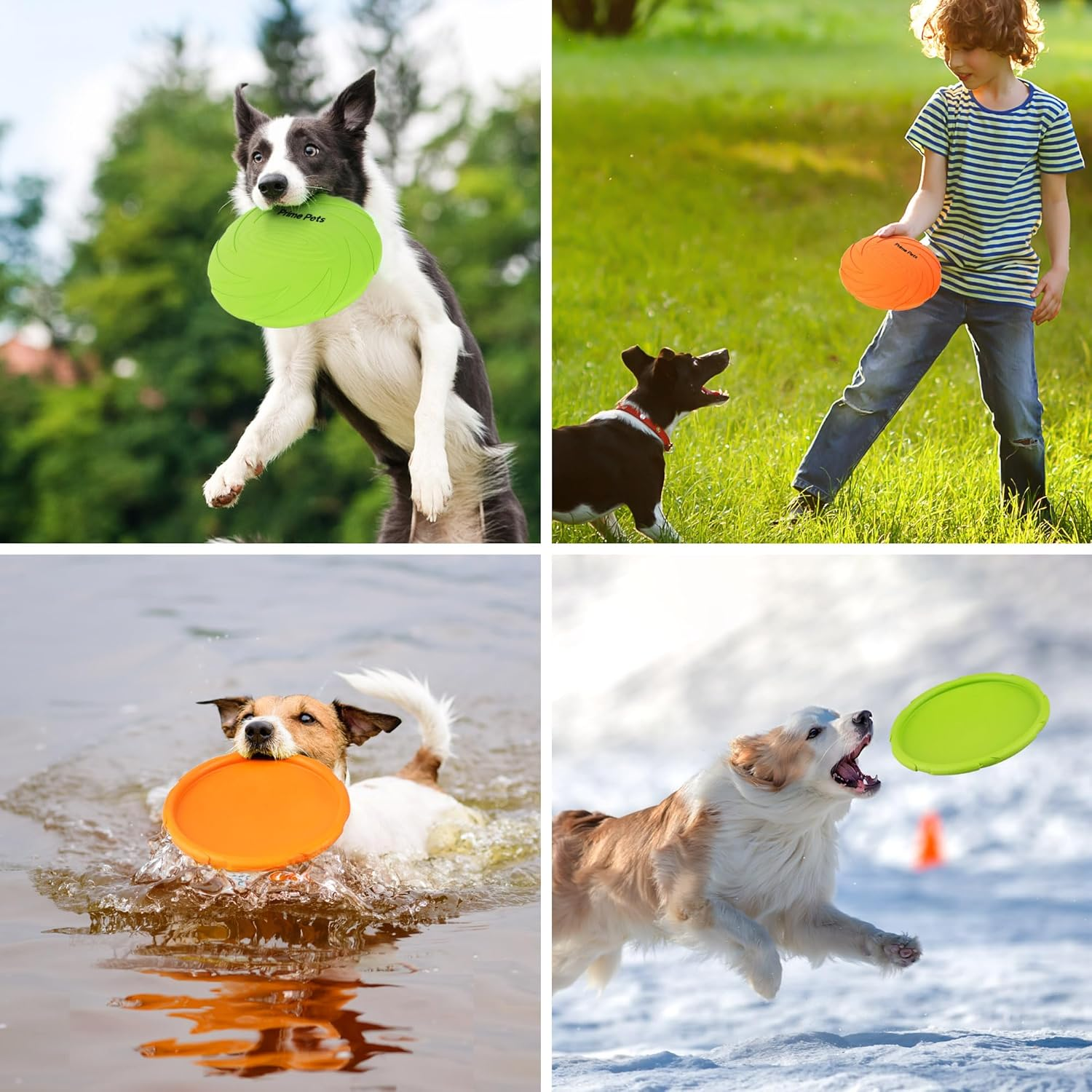 Primepets 2 Pack 7 Inch Dog Frisbees, Durable Dog Toys, Nature Rubber Floating Flying Saucer for Water Pool Beach, Orange and Green image number 3