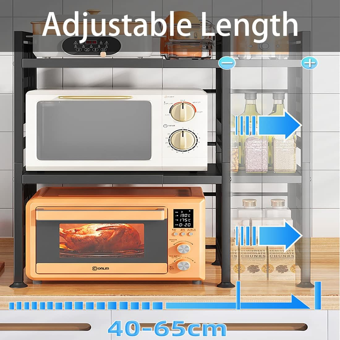 Microwave Oven Rack, 2-Tier Expandable Microwave Toaster Shelf with Utensil Holder, Adjustable Countertop Microwave Stand, Multi-Functional Carbon Steel over Microwave Shelf with 6 Hooks (Black)