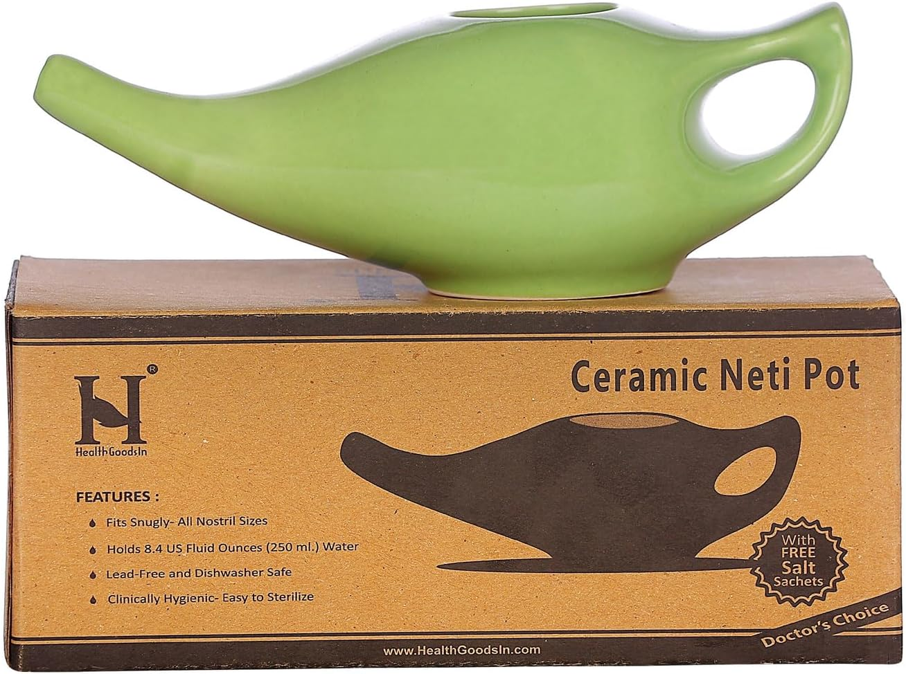 Healthgoodsau - Ceramic Neti Pot for Nasal Cleansing with 5 Sachet Neti Salt - Green Color