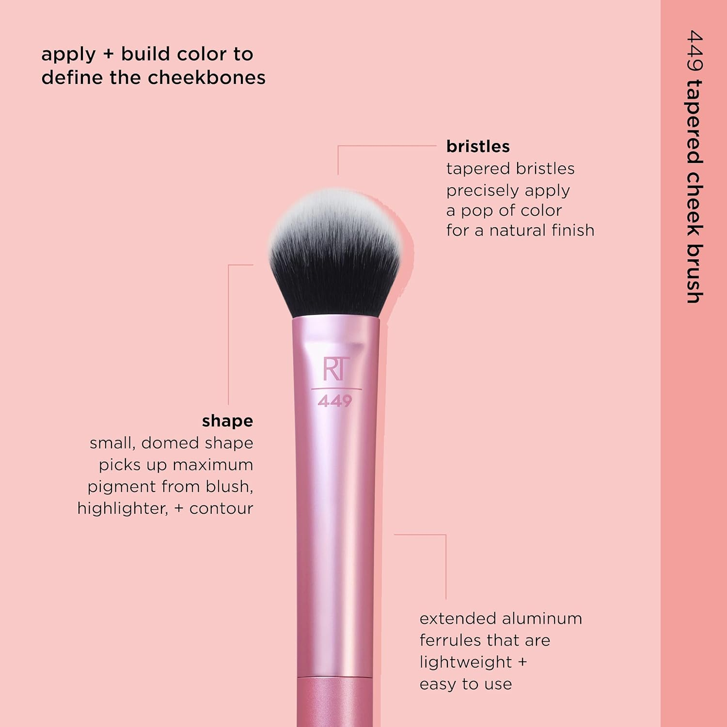 Real Techniques Tapered Cheek Makeup Brush, for Blush, Highlighter, or Loose Powder, Soft Bristles, Precise Makeup Application, Pink, Aluminum Handle, 1 Count, 4258 image number 4