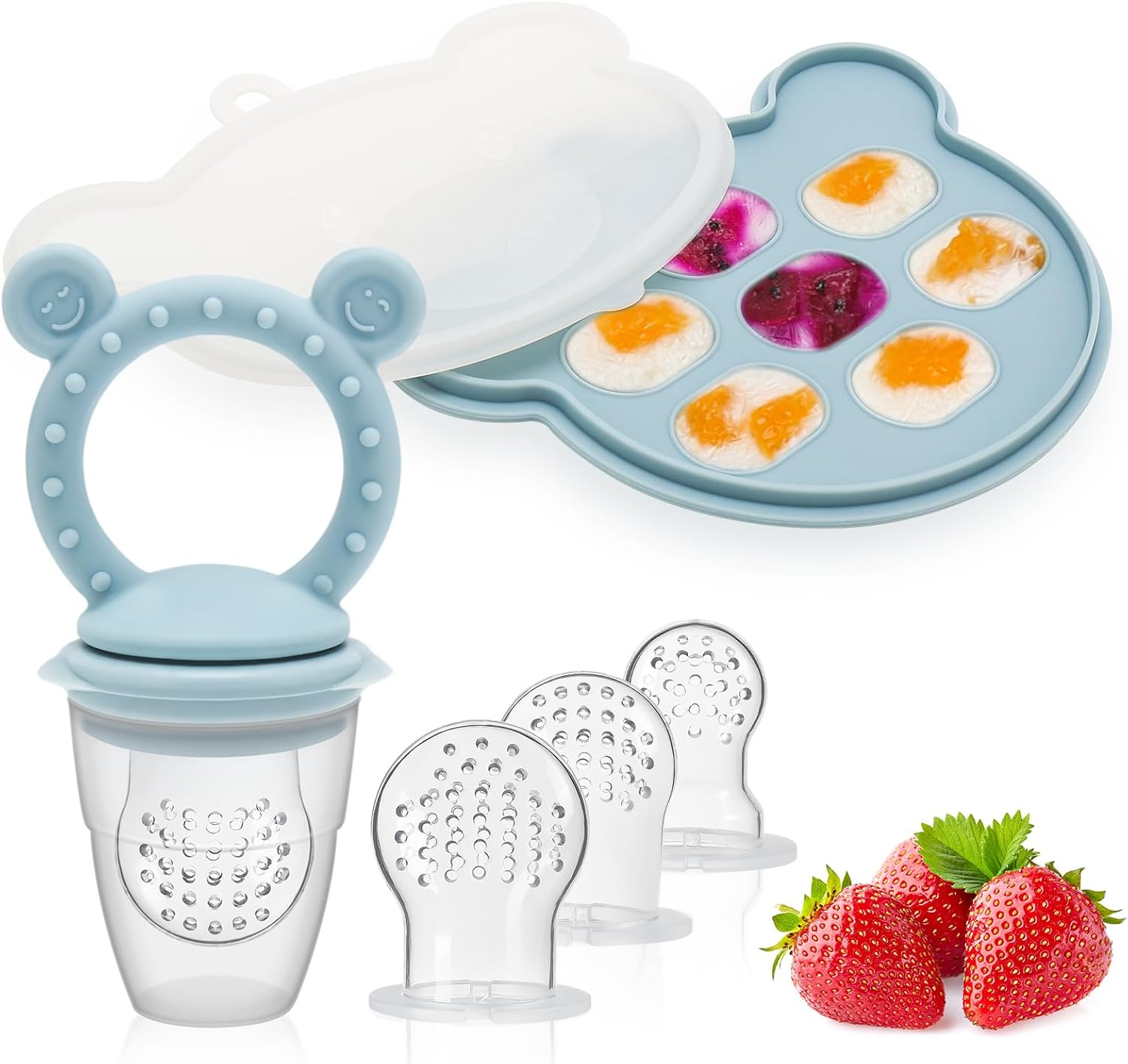 Baby Silicone Fruit Food Feeder Pacifier & Breastmilk Popsicle Freezer Molds, BPA Free Baby Food Storage Containers Frozen Ice Tray for Baby Feeding Safely, Infant Fruit Teething Toy