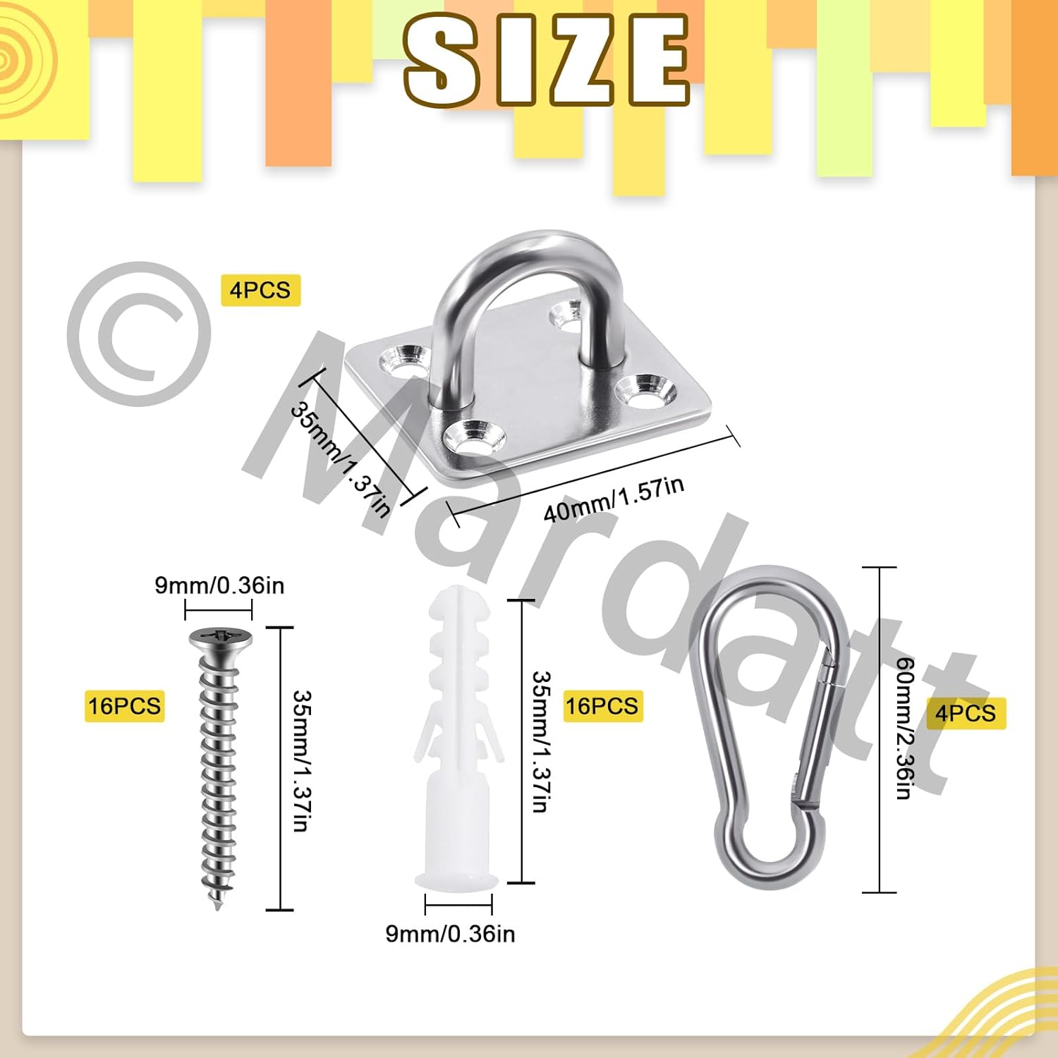 Mardatt 8Pcs M6 Premium Square Pad Eye Hooks, 304 Stainless Steel Pad Eye Plate U Hooks Snap Hook, Marine Hardware Staple Hook Loop Swivel Hooks Wall-Mounted with Screws for Outdoor Indoor Activity image number 2