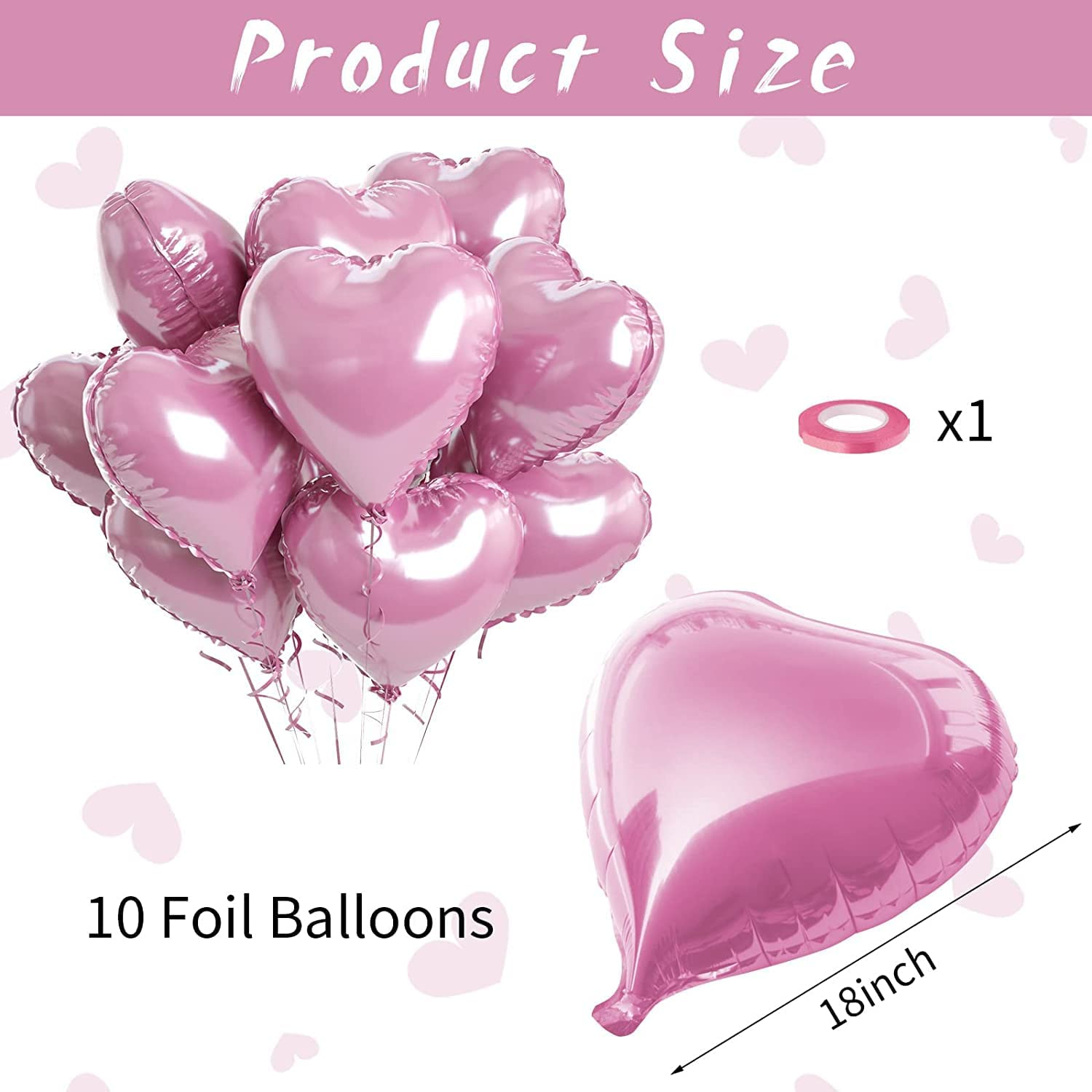 Light Pink Heart Balloons, 10PCS Glitter Pink Heart Shape Balloons Foil, 18Inch Pastel Pink Love Heart Balloons for Girls Women Valentines Day, Wedding, Brithday, Baby Shower Party Decorations - Light Pink image number 4
