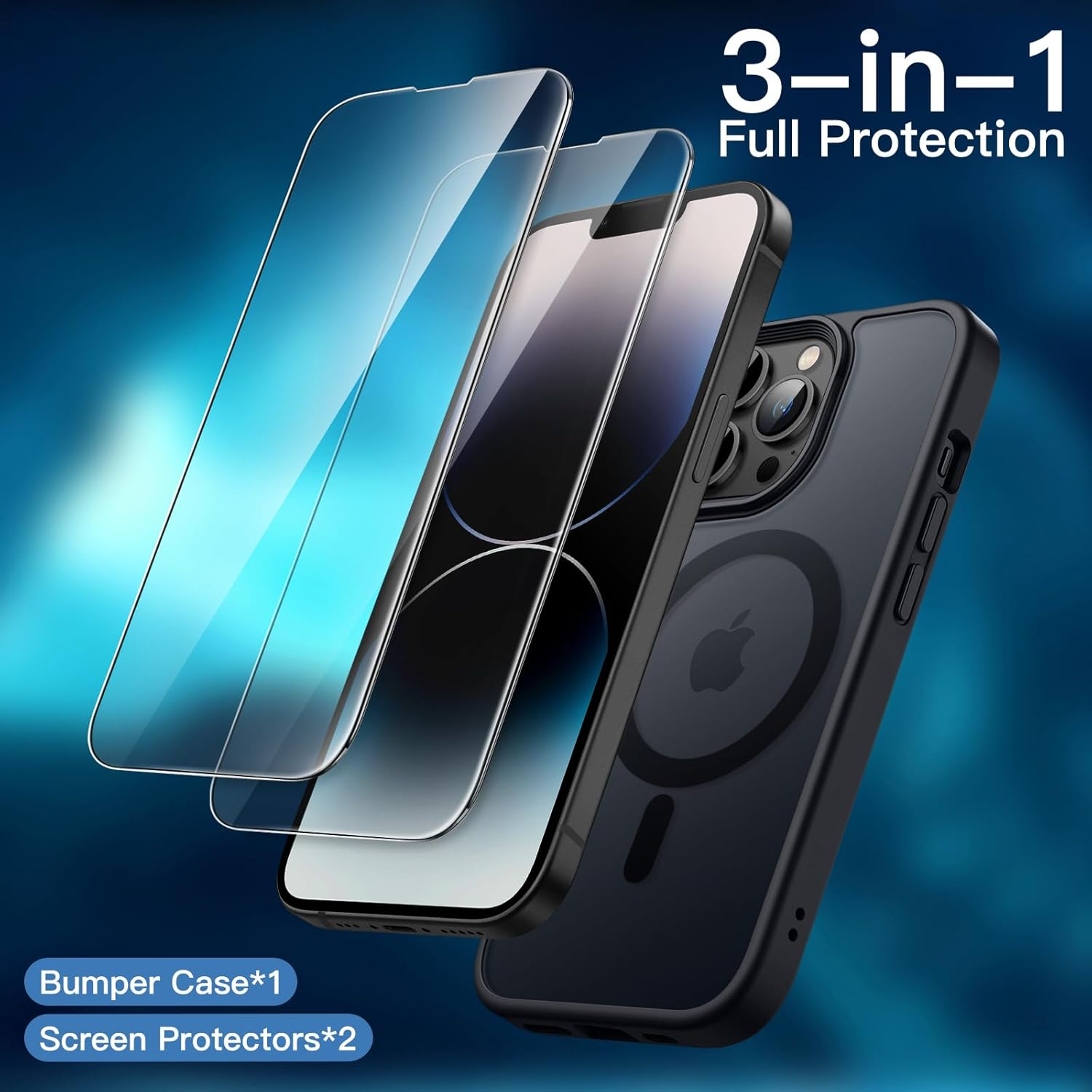 Jetech 3 in 1 Magnetic Case for Iphone 14 Pro Max 6.7-Inch with 2 Pack Tempered Glass Screen Protectors, Compatible with Magsafe, Translucent Matte Back Shockproof Phone Cover (Black) - Deep Purple image number 6