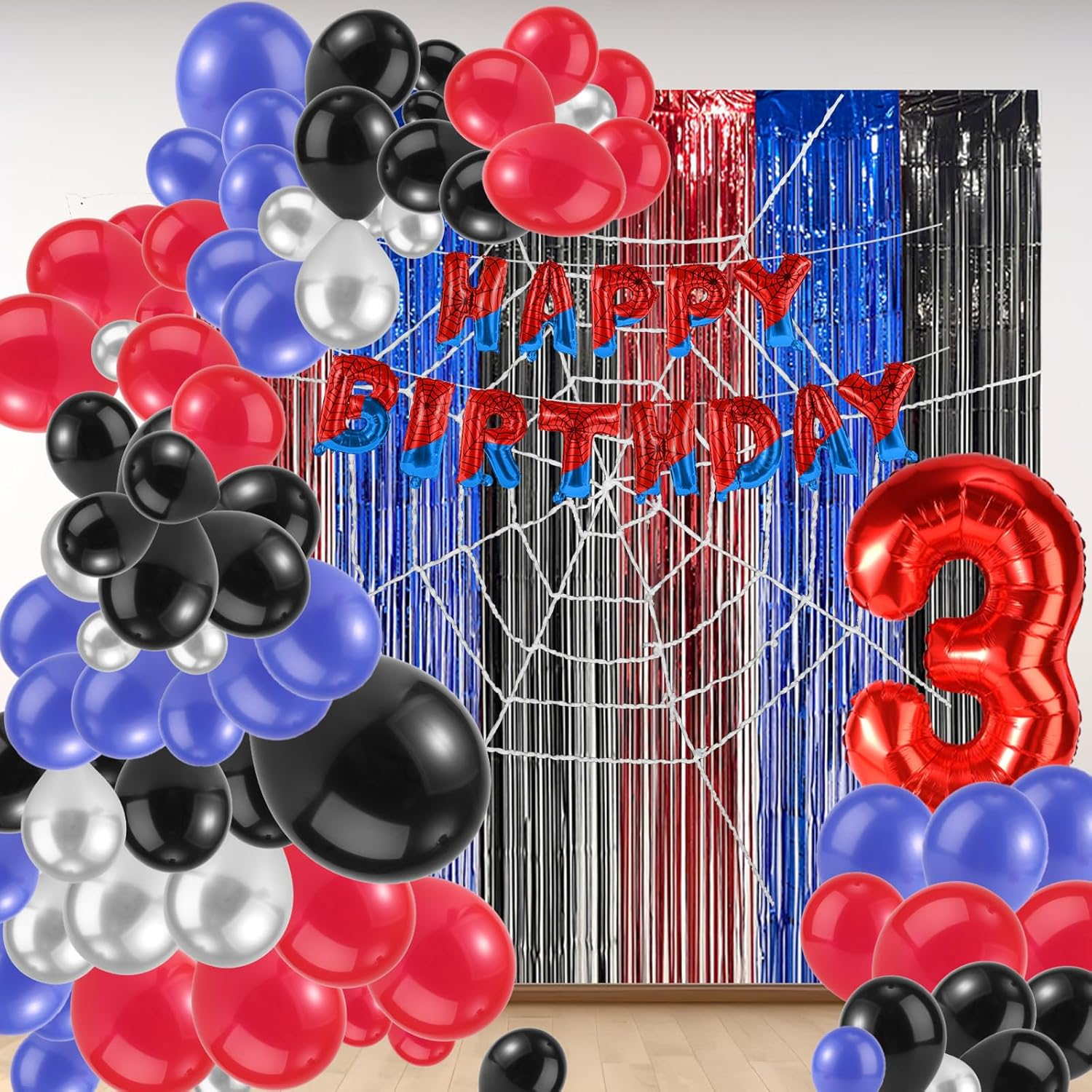 Spider Theme Party Decorations Kit, Includes Letter Banner Number Balloon Web Backdrop Hanging Curtains Multi-Size Balloons for Boys Girls Baby Shower Decor (Number 3) image number 2