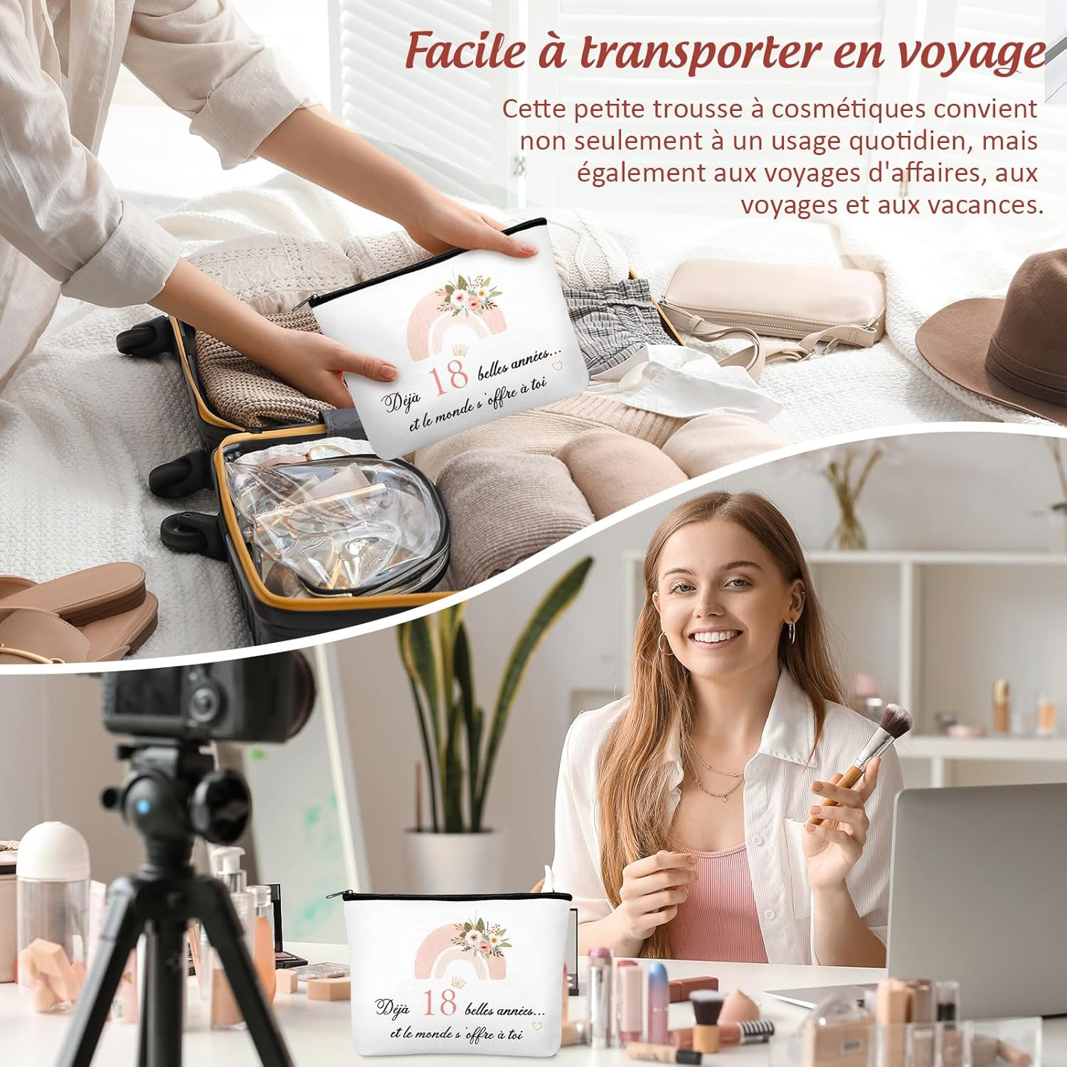 Xuniea 18Th Birthday Gift for Girls Cosmetic Bags with Zipper and Flower Pendant Keychain Funny Birthday Gifts for Women, Classmates, Friends, Niece, White, Fashion image number 1