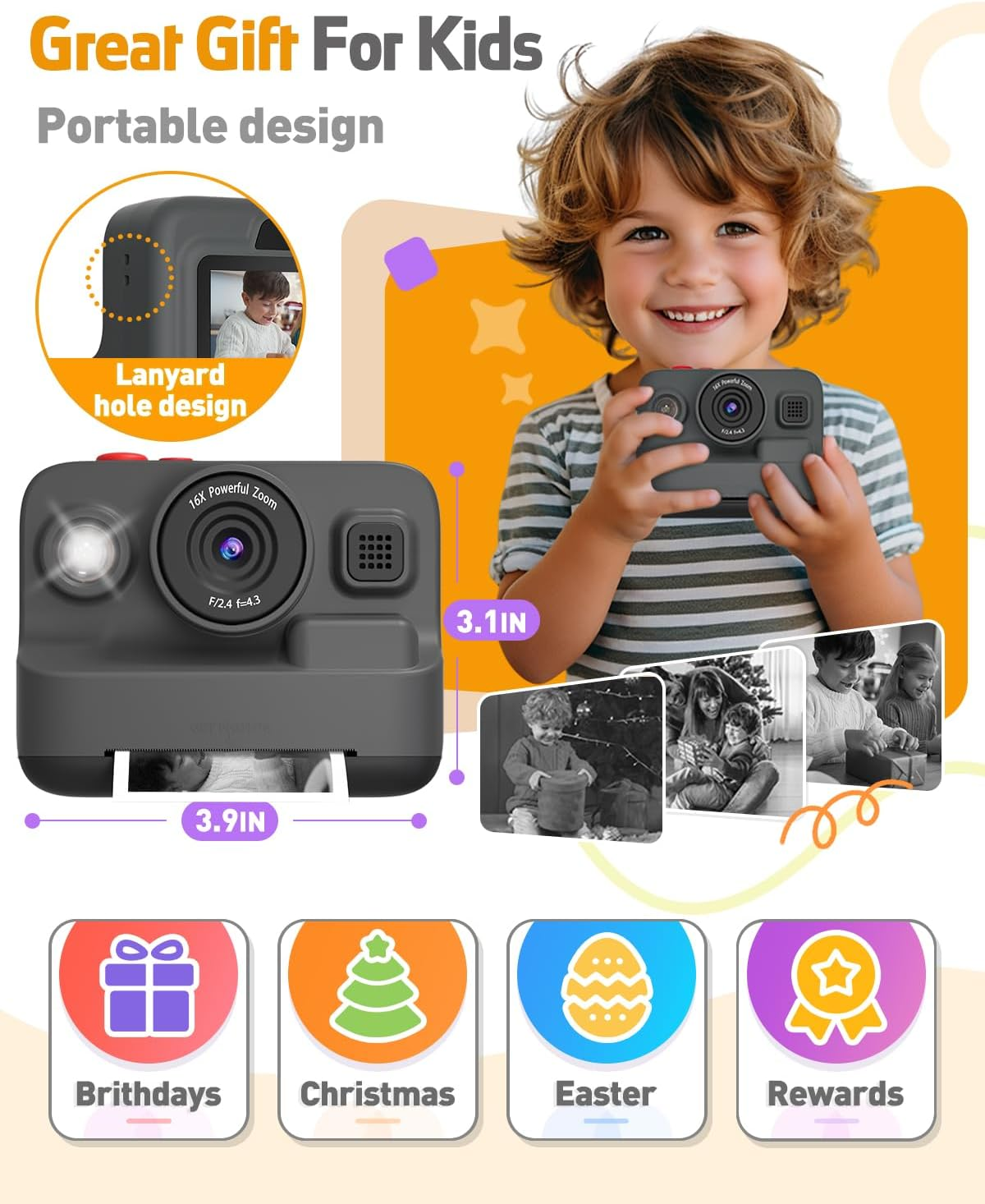 Kids Camera Instant Print, Christmas & Birthday Gifts for 3-12 Year Old Boys & Girls, 2.4In Screen 1080P Digital Camera with 3 Rolls Print Paper & 32G Card image number 1