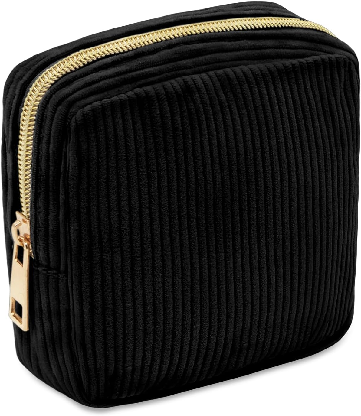 Long Keeper Small Cosmetic Bag for Women Mini Make up Bag for Handbag Solid Colour Cord Makeup Bag with Compartments Travel Makeup Bag for Women, Pure Black, Portable Cosmetic Bag image number 1