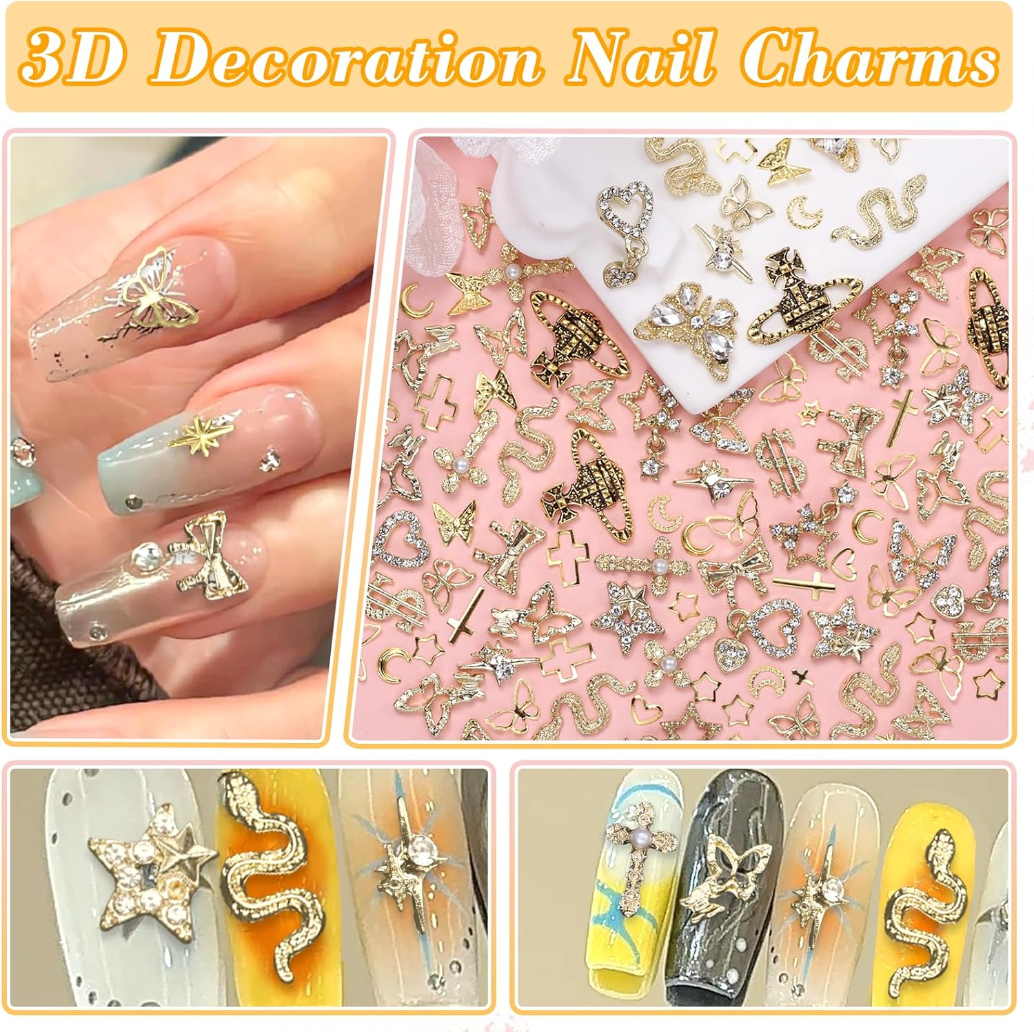 170 Pcs 3D Gold Nail Charms, Cross Snake Star Heart Dangle Nail Gems Charms, Bow Planet Dollar Butterfy Nail Gems for Alloy Nails, Rivet Nail Rhinestones for Nails Art DIY Design image number 2