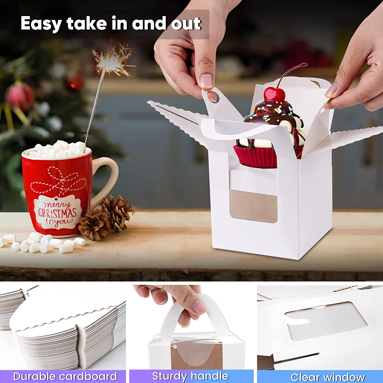 50 Pack Cupcake Boxes, White Individual Cupcake Containers Single Cupcake Boxes Cupcake Holder with Windows Handle and Inserts for Muffins Cocoa Bombs Packaging Baking Wrapping Birthdays Party