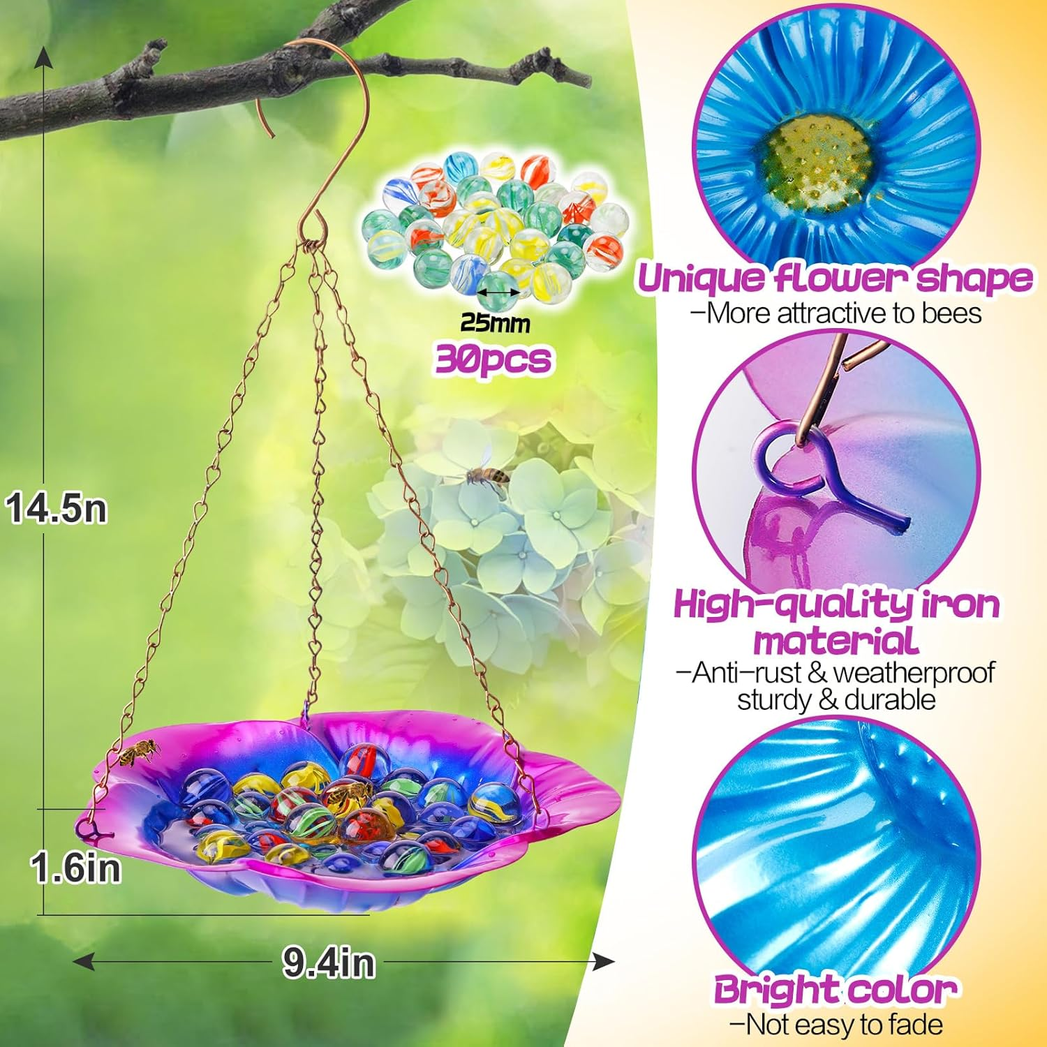 Bee Feeder with Vivid Flower Design, Anti-Rust Iron Bee Watering Station for Feeding, Colorful Butterfly Bath Bowl Bee Cups with 30 Glass Marbles for Outdoor Yard Garden Decor Gifts (Blue-Purple) - Blue Mix Purple image number 5
