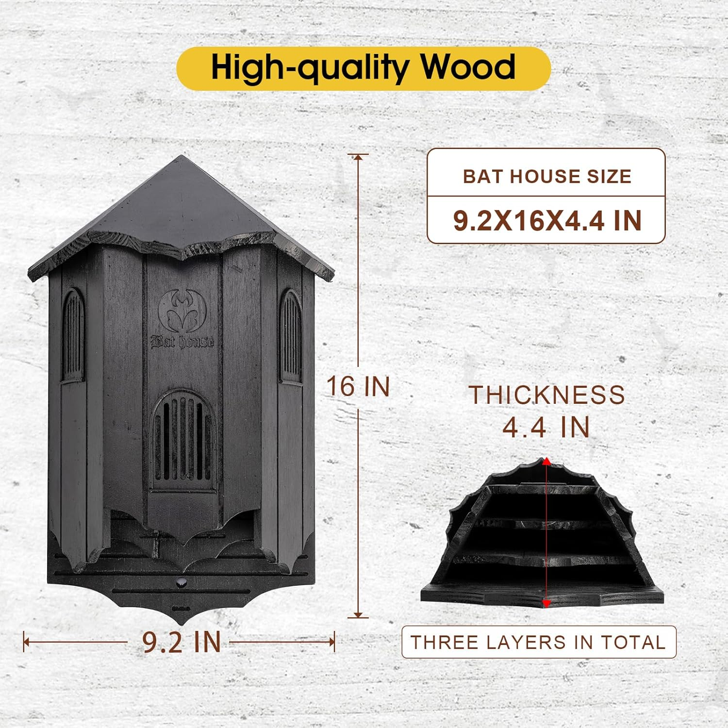 Wooden Castle Bat Houses for outside Bat Box for Outdoors - Large Three Chamber Box Perfectly Designed to Attract Bats - Durable and Easy to Hang(Bat House Ⅰ Black) image number 4