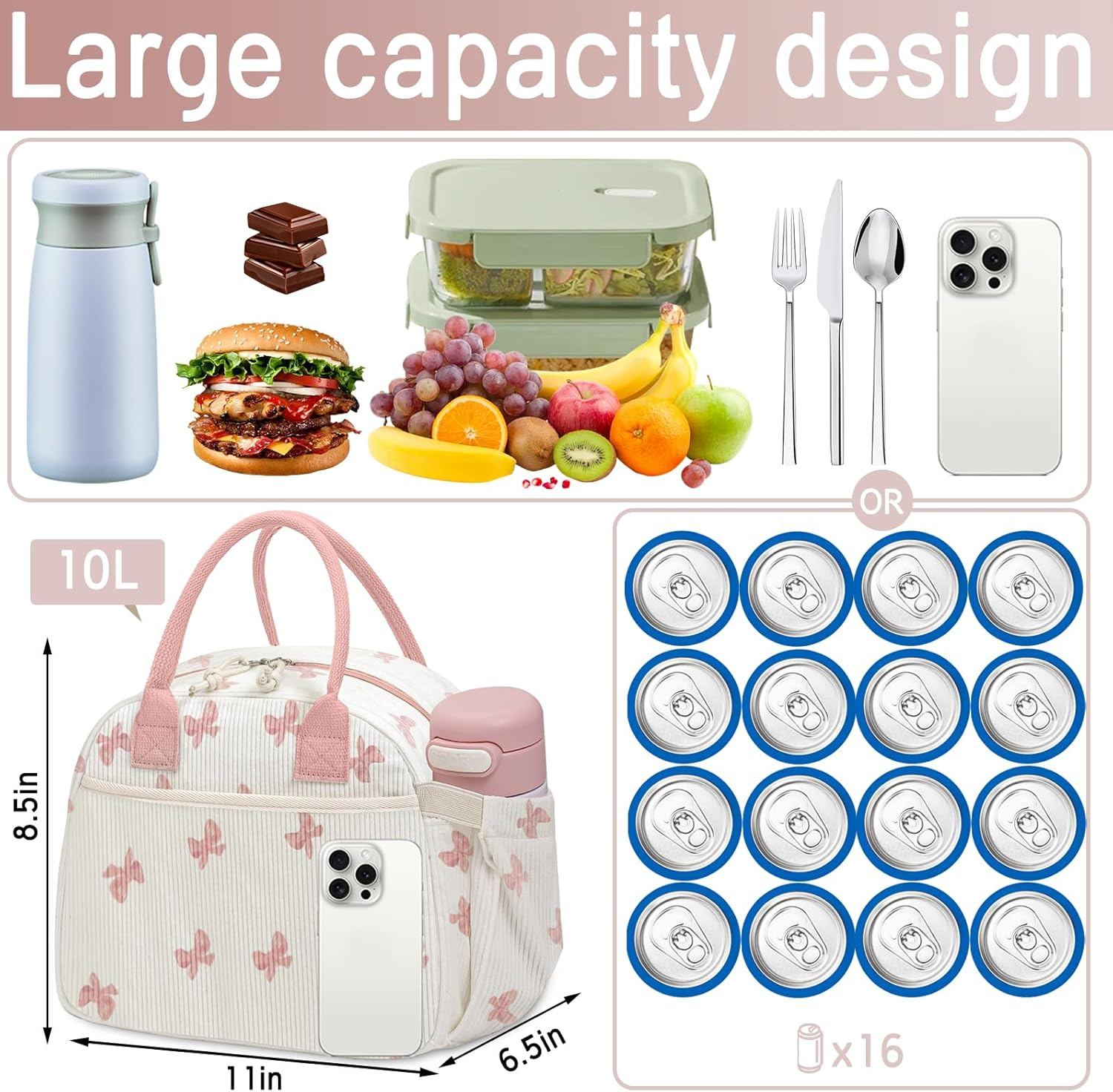 Carry Bloom Lunch Box for Women, Insulated Lunch Bag Cute Corduroy Lunchbag Reusable Lunchbox for Work (Bow Pink) - 1 Green White Stripes image number 3