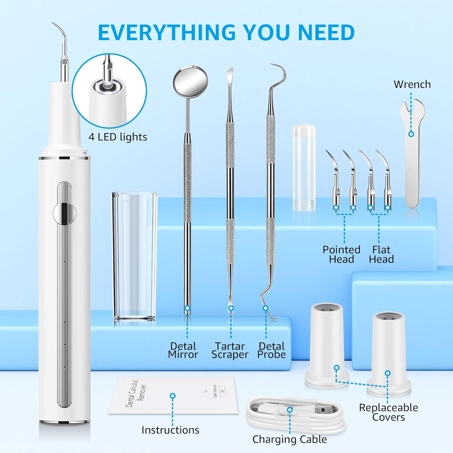 Teeth Cleaning Kit Plaque Remover for Teeth, Portable Dental Plaque Remover Tool with LED, Plaque Blaster for Human Teeth with 3 Modes, Tooth Scraper Plaque Tartar Remover for Teeth with Dental Tools (White)