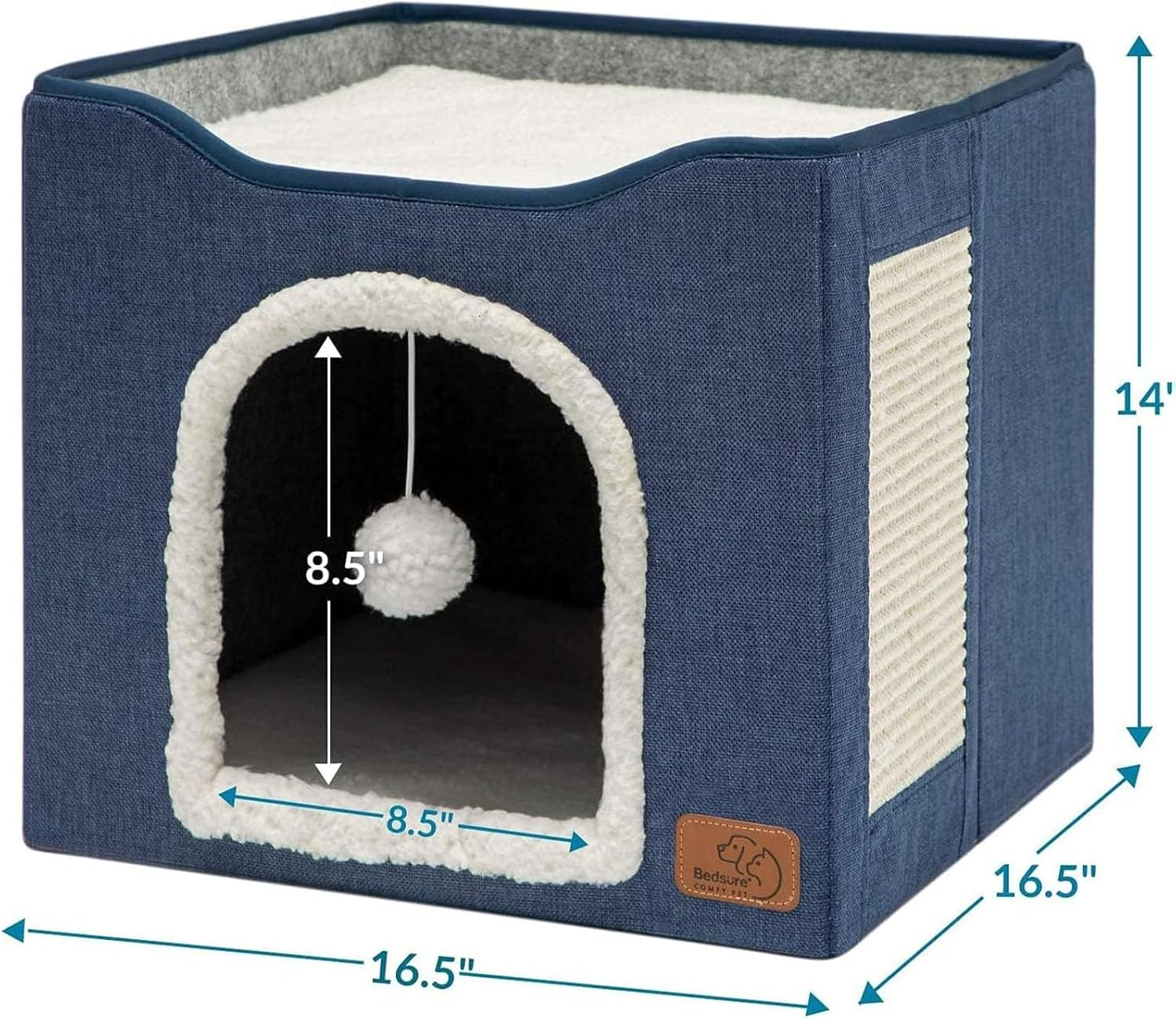 Agility Cat Bed for Indoor Large Cave with Fluffy Ball Hanging & Scratch Pad, Foldable Nest 41X41X35Cm (Blue) image number 2