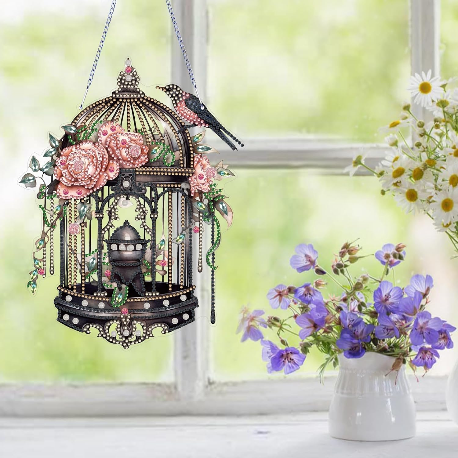 MEIEST Diamond Art Painting Hanging Pendant Kit,Diy Flower Birdcage Crystal Art Hanging Sign,Diamond Window Hanging Wreath Ornament for Home Decor (361) image number 2