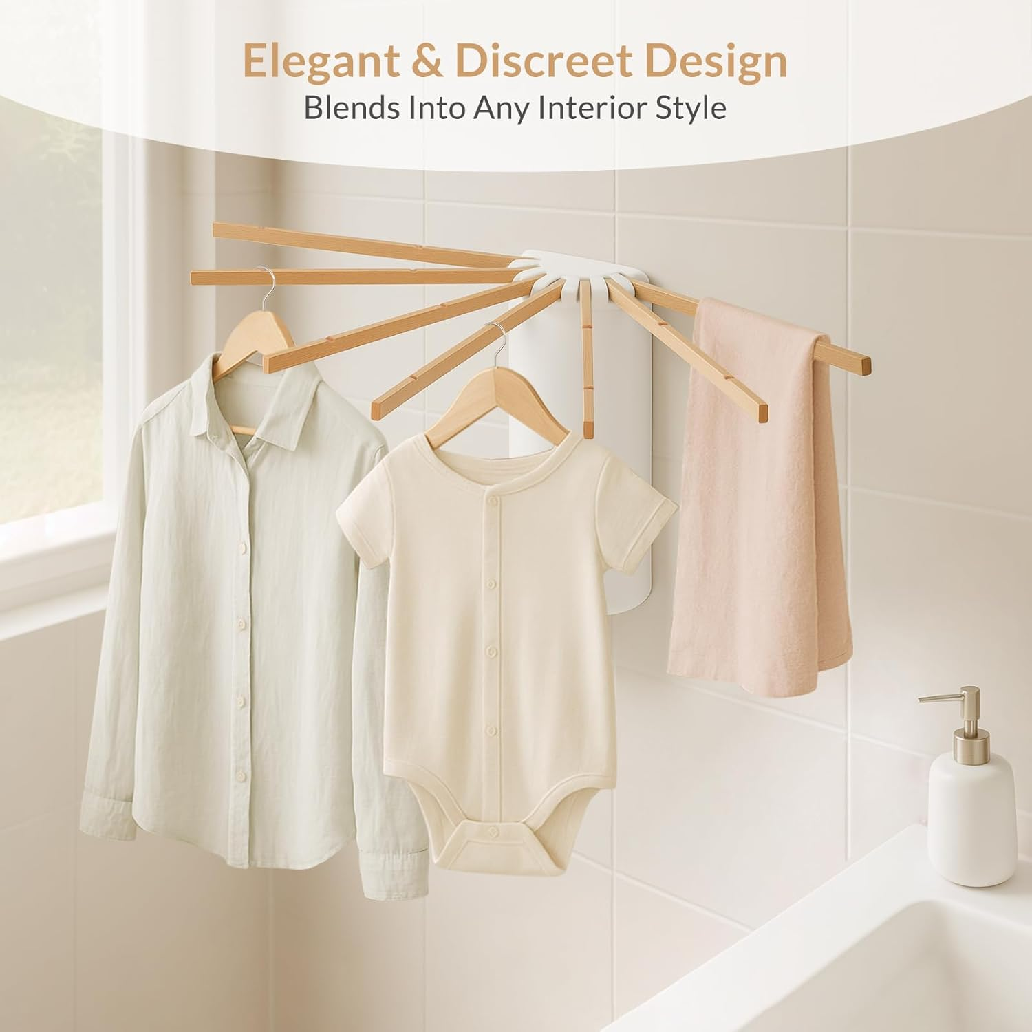 Todeco Wall Mounted Drying Rack with 7 Beech Wood Rod, Collapsible Clothes Drying Rack with Extra Botton Hook, Laundry Drying Rack for Bathrrom Balcony Laundry Room image number 2