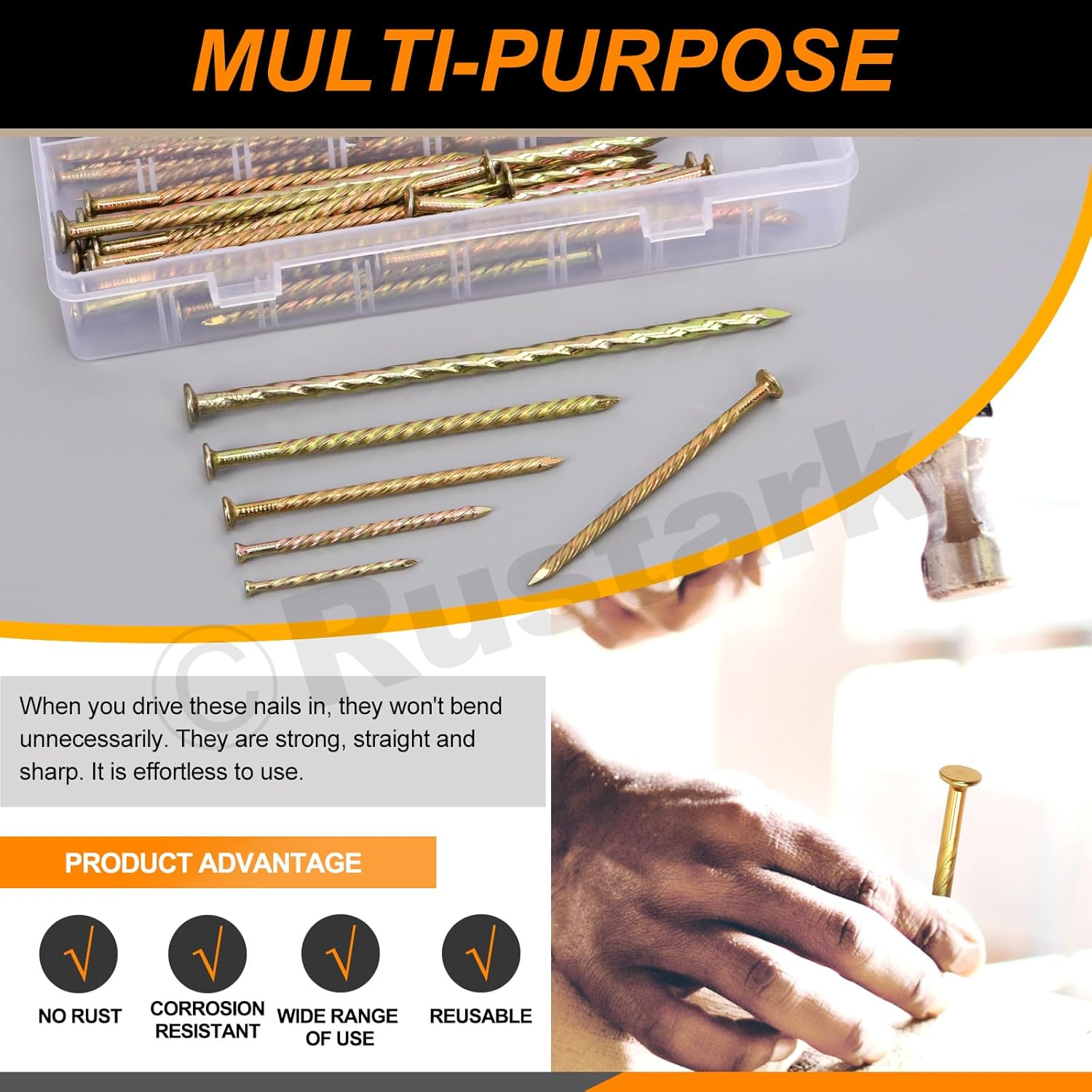 Rustark 200Pcs 5 Sizes Spiral Deck Nails Assortment Kit Fence Deck Nails Spiral Shank Deck Nail Floor Hardware Screw Nail for House Repairing Wall Floor image number 6